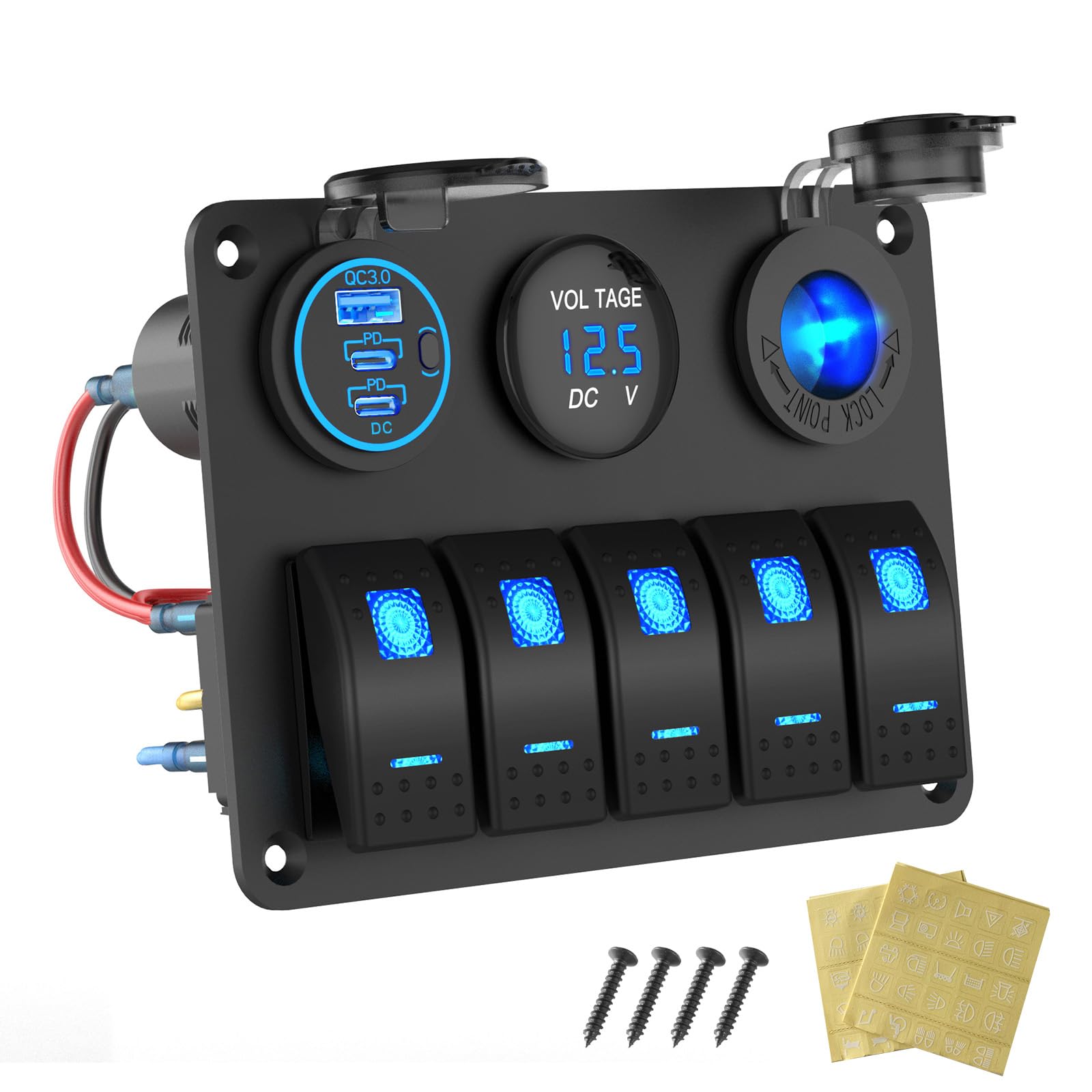 Marine Boot Schalttafel Wasserdicht, 5 Gang Wippschalter Aluminium Panel mit 3 Anschlüssen 66W 12V USB Steckdose Autoladegerät, 150W Zigarettenanzünder-Steckdose und Voltmeter für Lkw Auto Wohnmobil Angebot bei HelloDeals