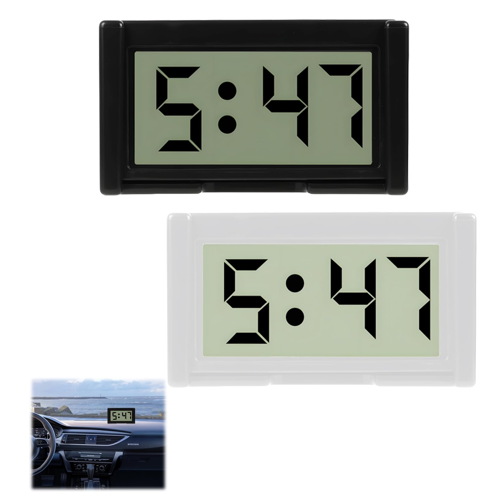 2 Set Mini Auto Uhr Digital, LCD Elektronische Uhr für Armaturenbrett, Tisch und Badezimmer, Leicht Ablesbare Digitaluhr mit Klebepad, Ideal für Fahrzeuge und Büros, Schwarz und Weiß Angebot bei HelloDeals