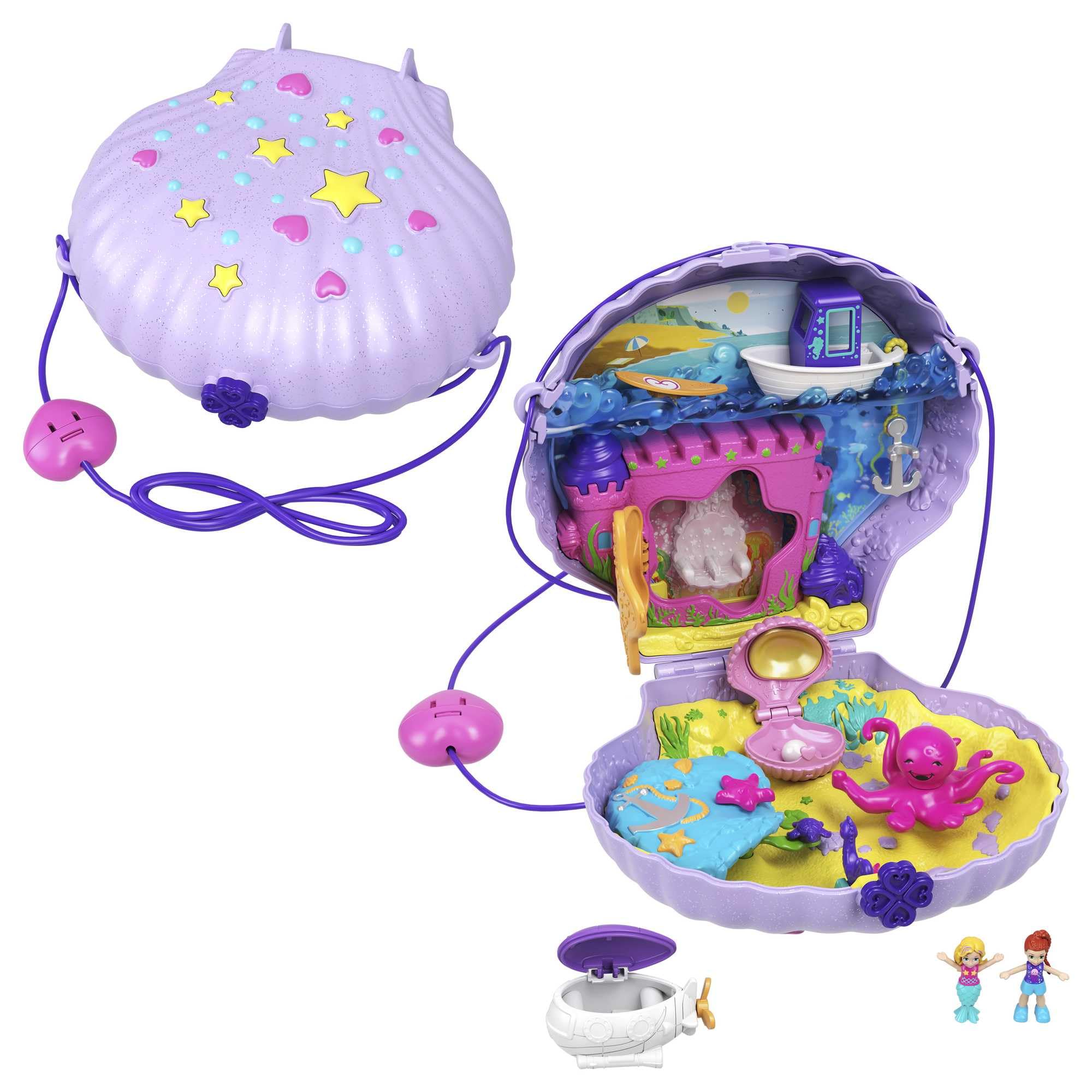 Polly Pocket Schatulle, Muschel Tasche zum Umhängen in Unterwasser Thema, mit 2 Puppen und 1 U-Boot, Polly Pocket Meerjungfrau Spielzeug, Spielzeug ab 4 Jahre, GNH11 Purpur Angebot bei HelloDeals