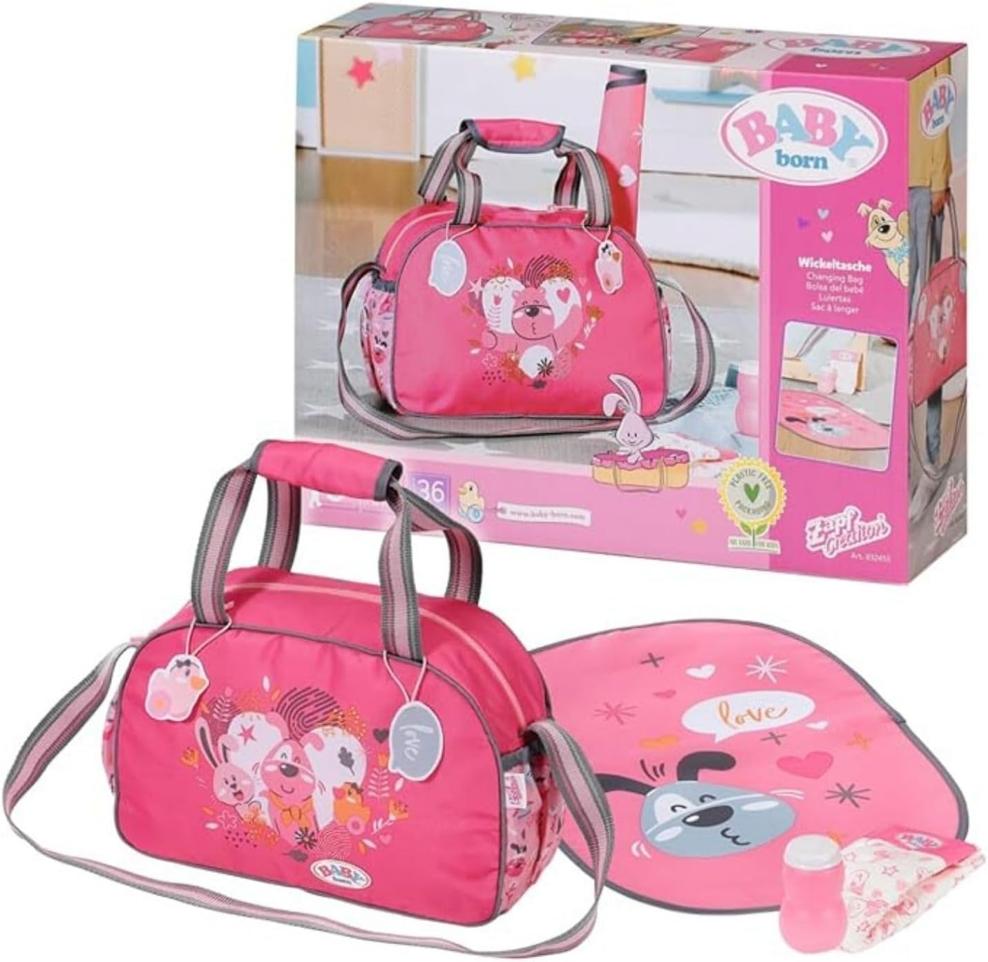 Zapf Creation 832455 BABY born Wickeltasche - Puppenwickeltasche in rosa grau inkl. Wickelunterlage, Windel und Puderdose Angebot bei HelloDeals