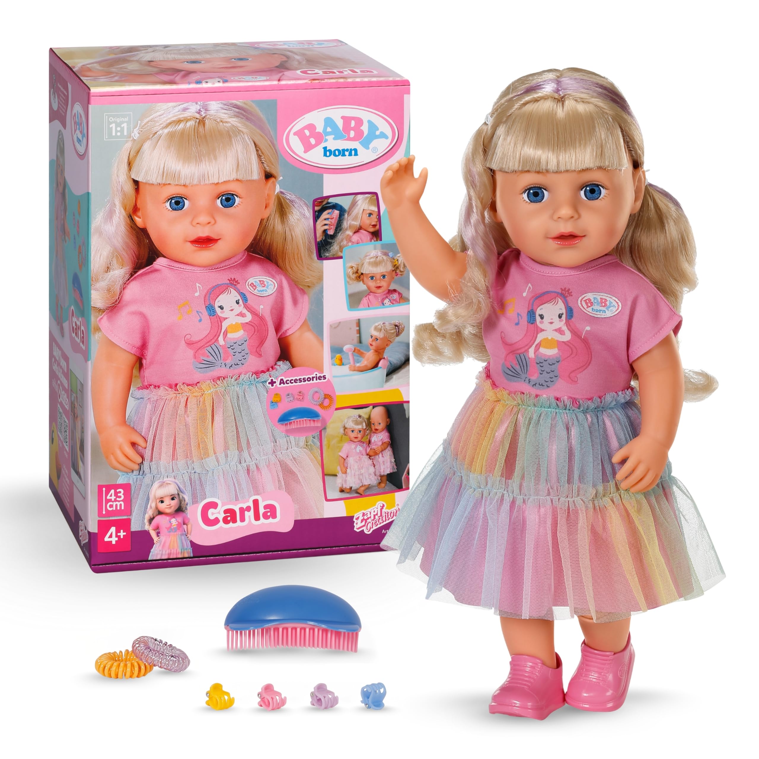 BABY born Carla - 43 cm große Puppe - Hochwertiges Blondes Haar mit Strähnen - Benötigt Keine Batterien - Geeignet für Kinder ab 4 Jahren - Inkl. 7 Accessoires, Rosa Angebot bei HelloDeals