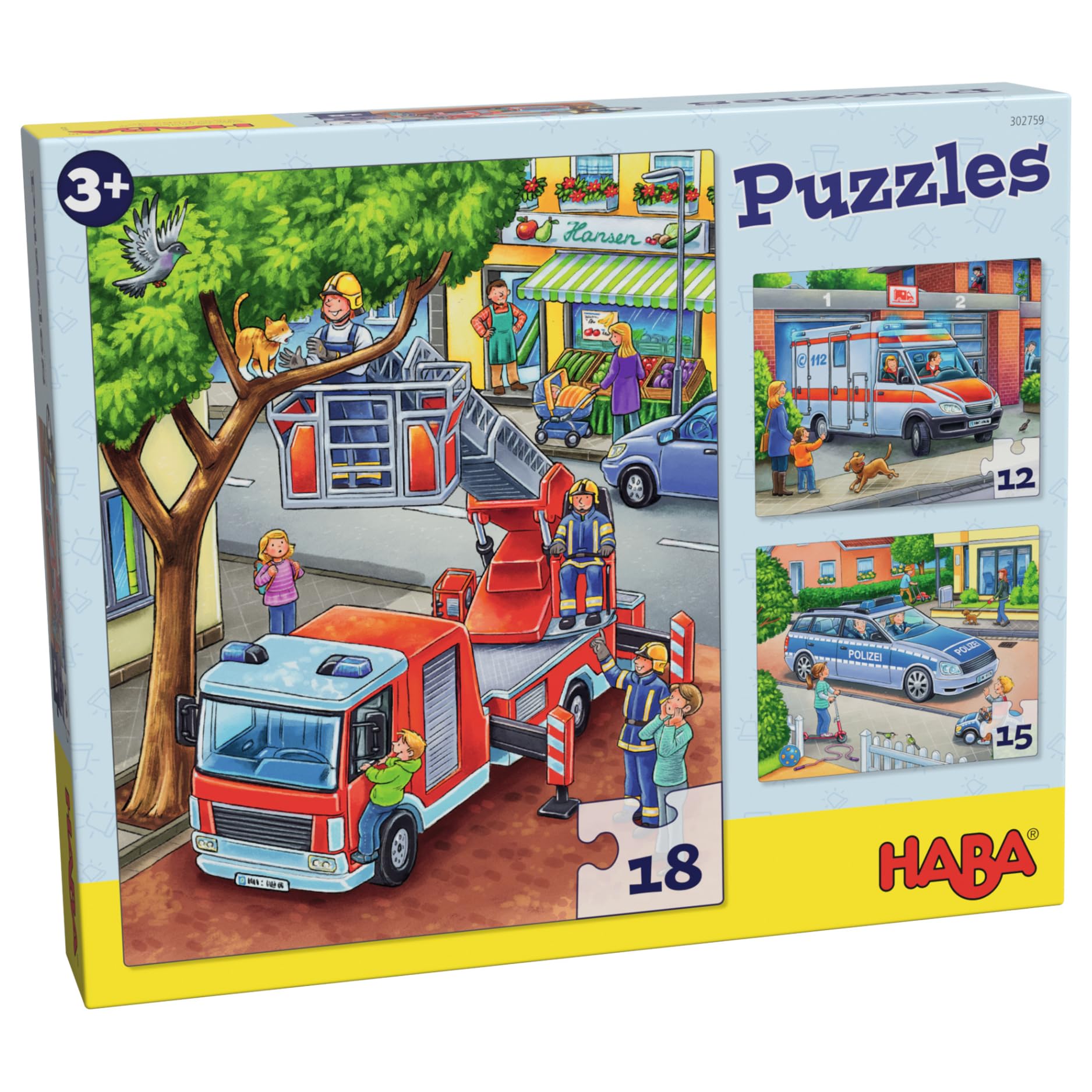 HABA Feuerwehr-Puzzle – 3-teiliges Set für Kinder ab 3 Jahren, Papp-Puzzle mit Polizei- und Rettungswagen-Motiven – Fördert Feinmotorik und Konzentration – 1302759001 Angebot bei HelloDeals
