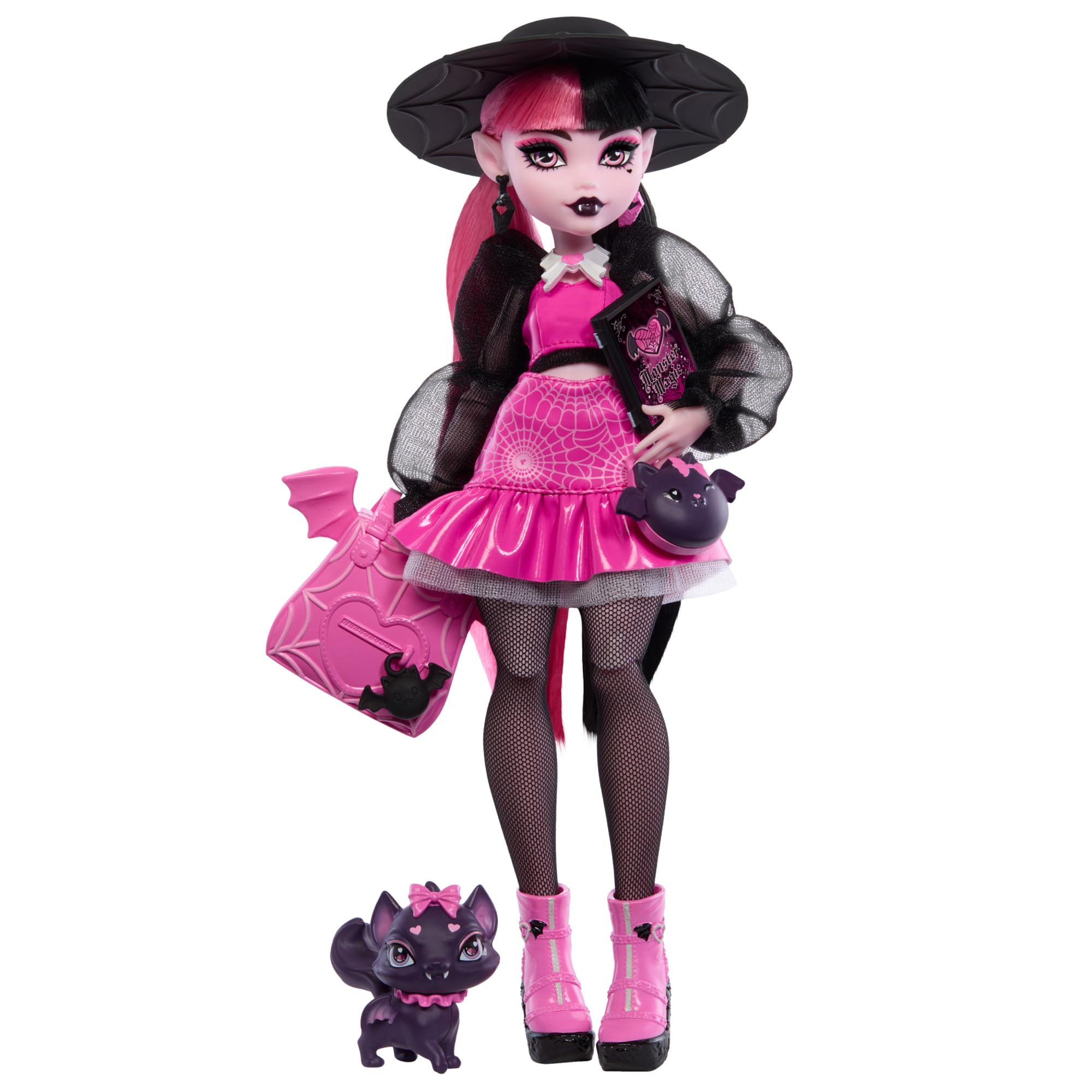 Monster High Draculaura-Puppe mit ihrem Haustier, der Fledermaus-Katze Count Fabulous, und Accessoires wie Rucksack, Zauberbuch, Bento-Box und mehr, HRP64 Angebot bei HelloDeals