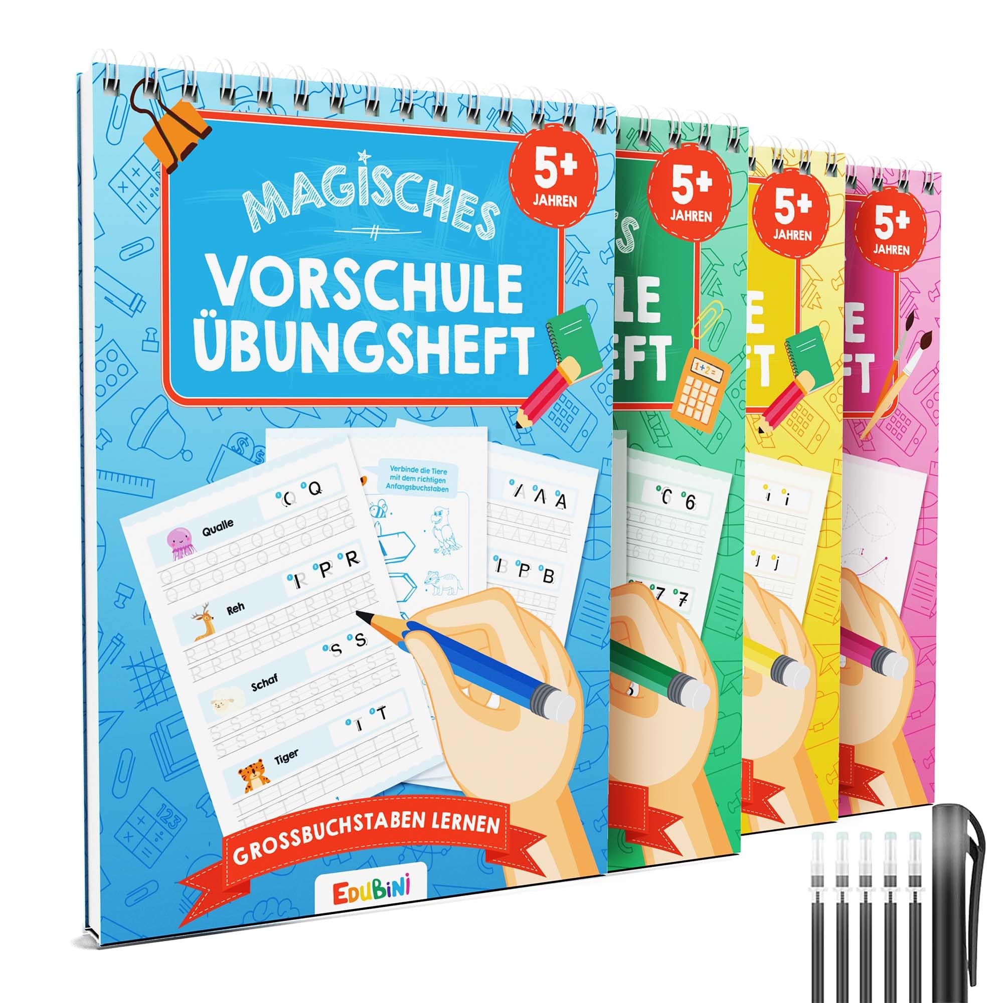 Magische Vorschule Übungshefte ab 5 Junge & Mädchen - [4 Hefte + Stift] - Wiederverwendbare Schreiblernhefte für Vorschule - Buchstaben lernen, Schreiben lernen, Zahlen lernen 4er Set Angebot bei HelloDeals