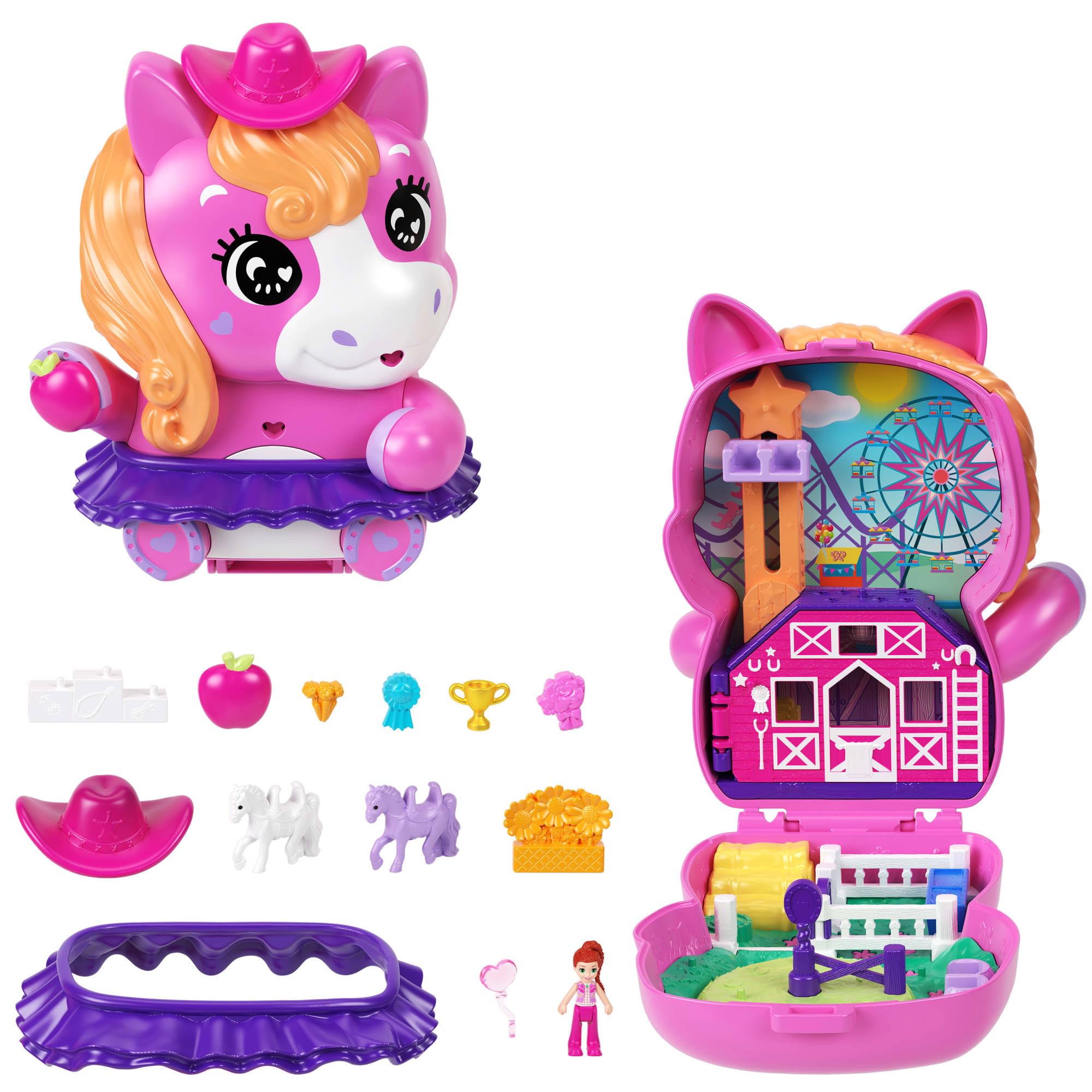 Polly Pocket Puppen und Spielset, Pony-Rodeo-Schatulle, Spielzeug für unterwegs mit 1 kleinen Puppe, Pferdchen, Zubehör für Mode und Essen, JCR39 Angebot bei HelloDeals