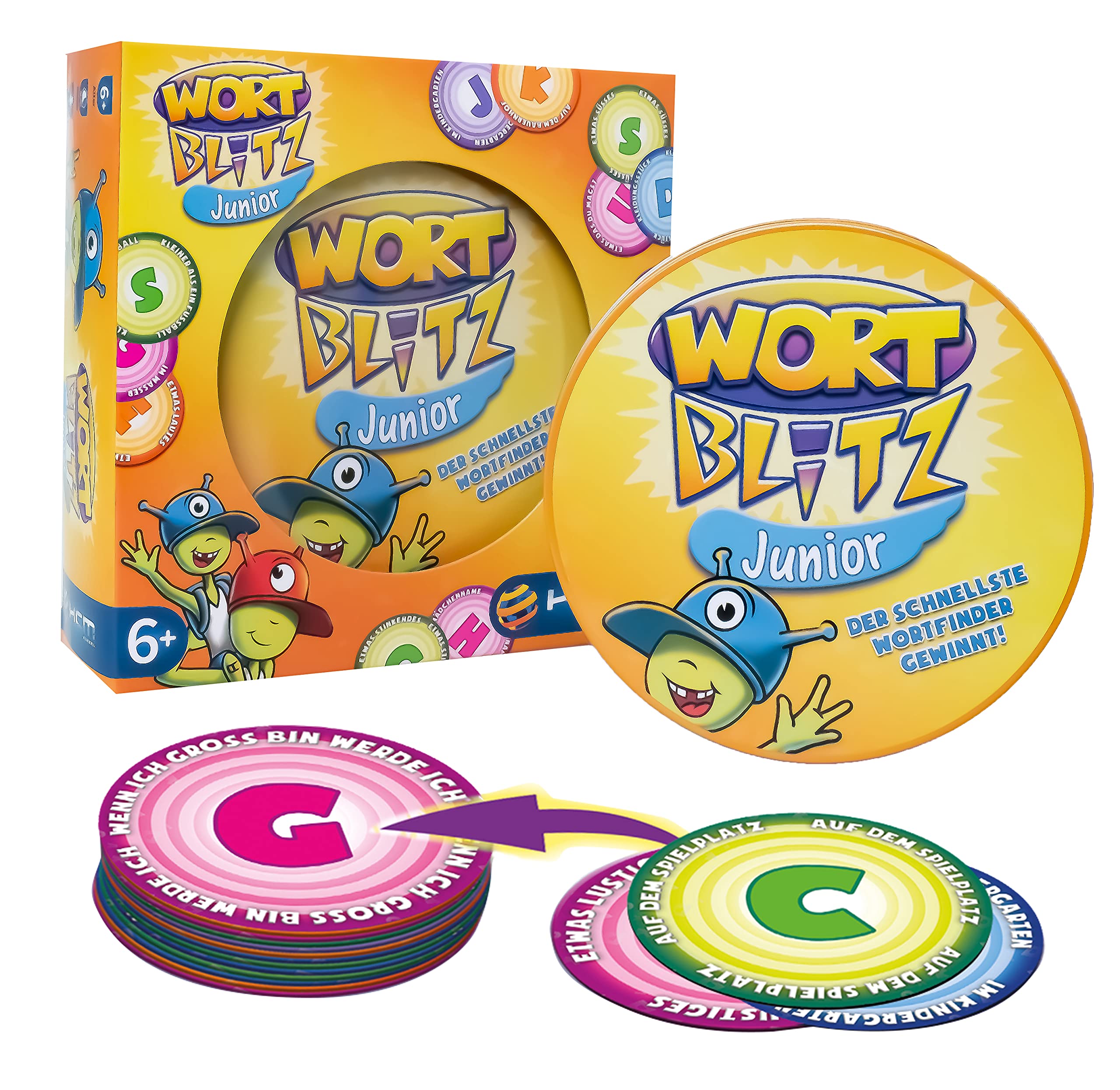 HCM Kinzel Wortblitz Junior witzige Kartenspiel für Kinder ab 6 Jahren, ideal zum Buchstabenlernen und Begriffe raten, perfekt für Schule, Familie und unterwegs Angebot bei HelloDeals