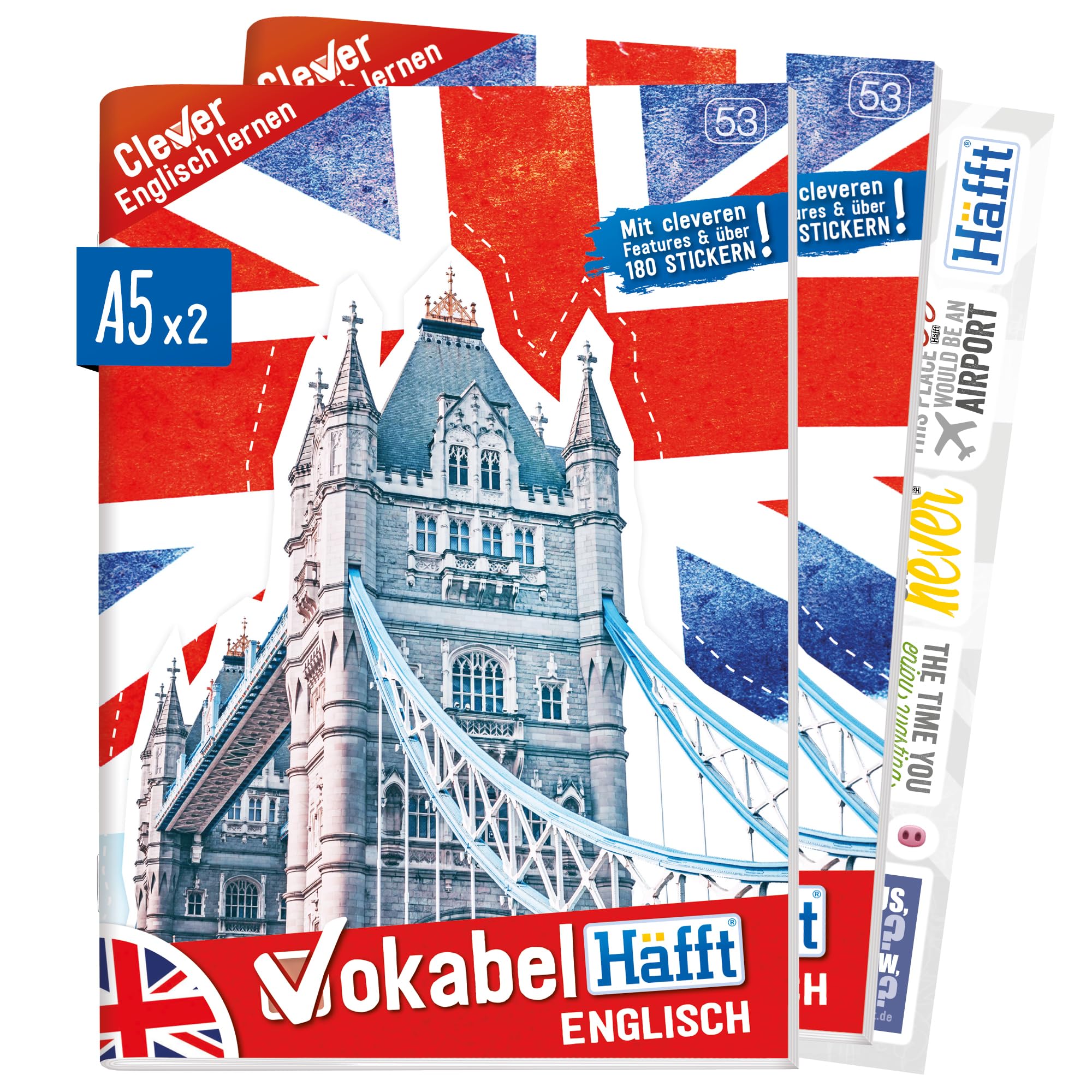 Häfft® 2 x Englisch Vokabelheft A5 mit 2 Spalten, liniert 64 Seiten - mit Sprüchen, Infos zu Kultur und Umgangssprache, Grammatik, Lernkontrollsystem, Stickern u.v.m Angebot bei HelloDeals