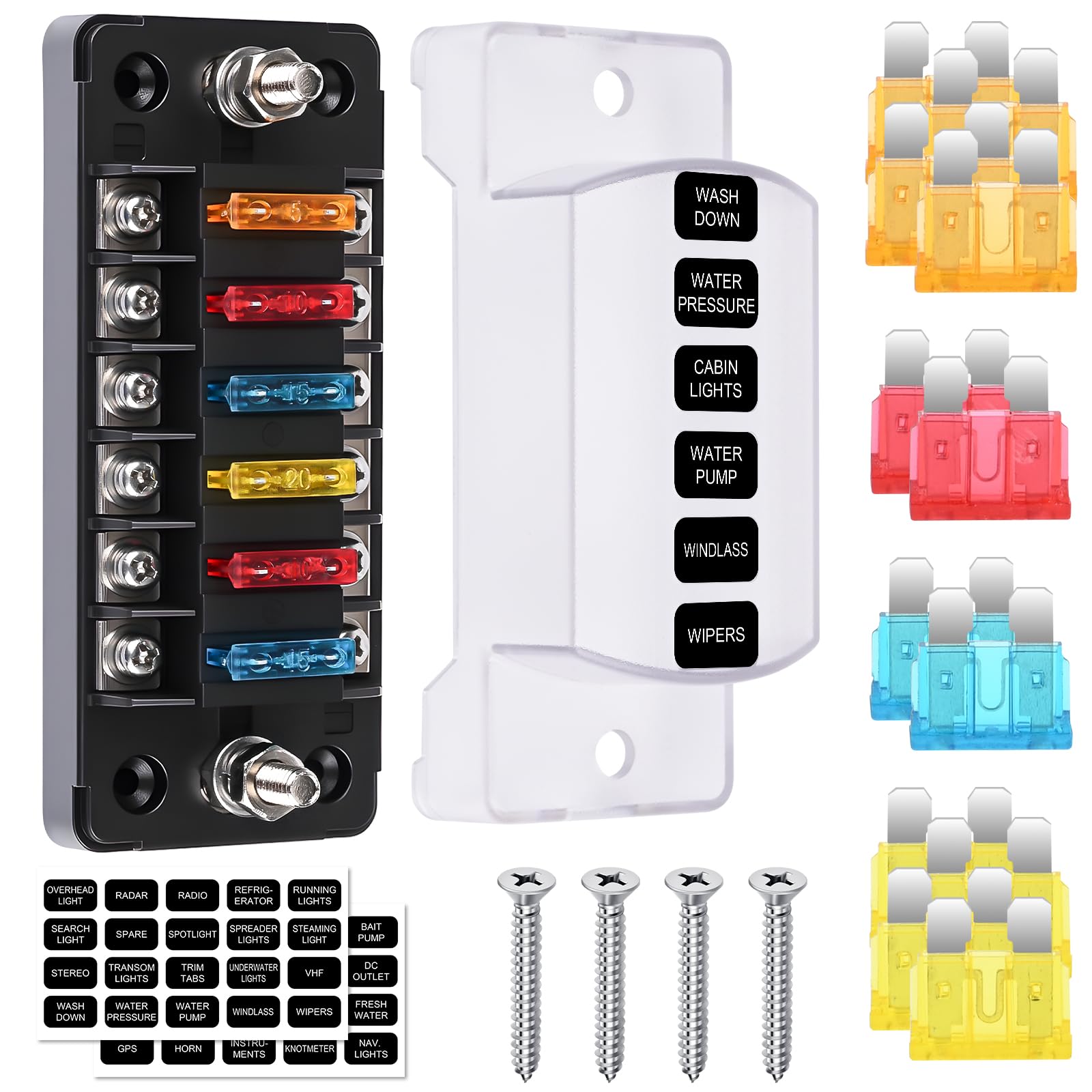 Gaethra Sicherungshalter 12 Volt, 6 Fach KFZ Sicherungshalter, 12V Sicherungskasten mit 12pcs Flachsicherungen, ATC/ATO Sicherungskasten mit Positiven Negativen für Auto Boot SUV Angebot bei HelloDeals