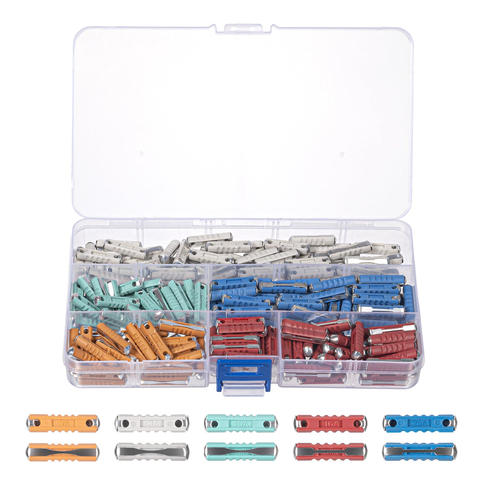 MumdoYAL 200 stück Continental-Sicherungen Torpedo,Torpedo Auto Sicherungen,traktor zubehör,mit Kunststoff-Aufbewahrungsbox - 5A, 8A, 10A, 16A, 25A für Oldtimer Angebot bei HelloDeals