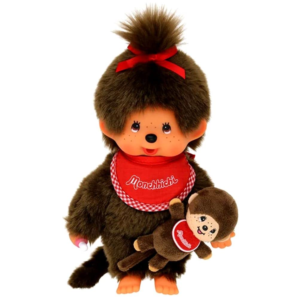 Sekiguchi 242184 - Original Monchhichi Mädchen mit Mini-Monchhichi, Plüschfigur mit rotem Lätzchen und Schleife im Haar, ca. 20 cm großes Kuscheltier aus braunem Plüsch, Braun Angebot bei HelloDeals