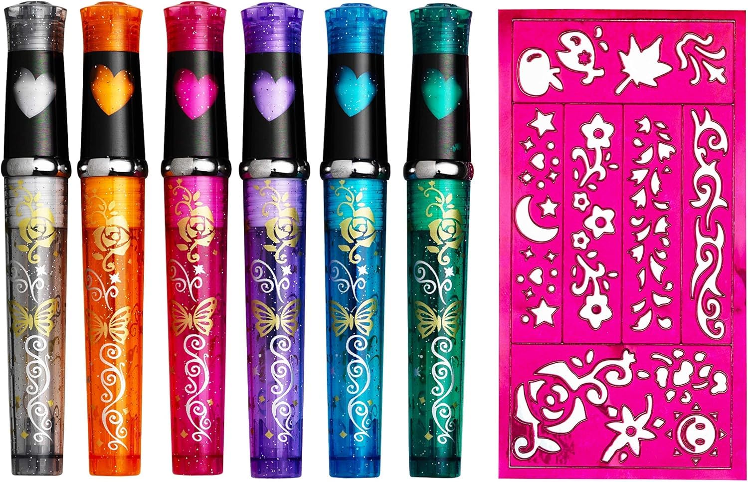 Panduro Tattoo Stifte Kinder 6er Set, Glitzer Tattoo Stifte Kinder, Hautfreundlich, 1 Schablone mit unterschiedlichem Muster, Perfekt für Mädchen, Geschenk, Geburtstagsfeiern, Karneval und Weihnachten Angebot bei HelloDeals