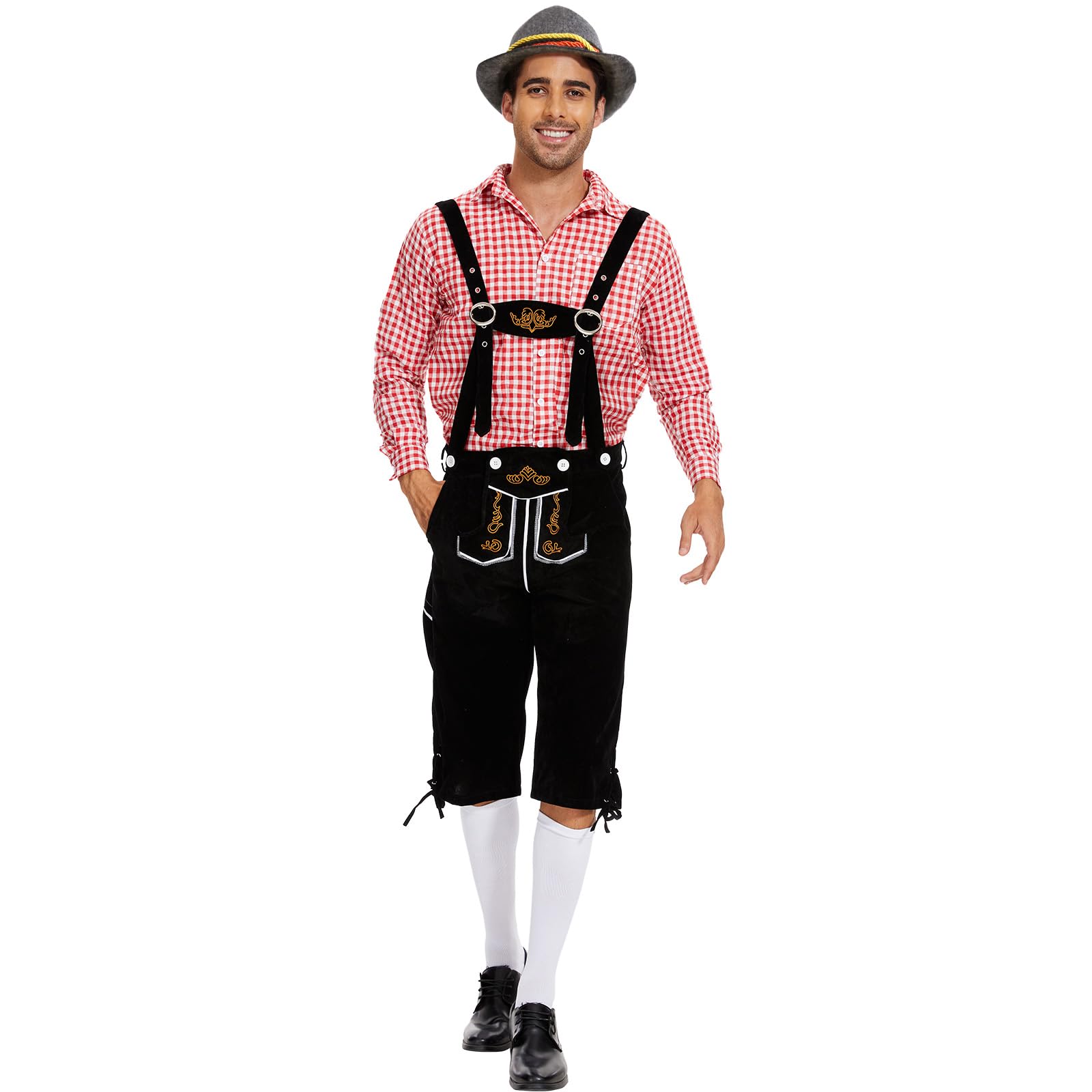 IEEILULU Oktoberfest Herren Outfit, Deutsch Bayern Oktoberfest Kostüm Herren Set mit Abnehmbarem Lätzchenträger, Karierten Hemden, Kniesocken und Bayerischen Filzhüte Angebot bei HelloDeals