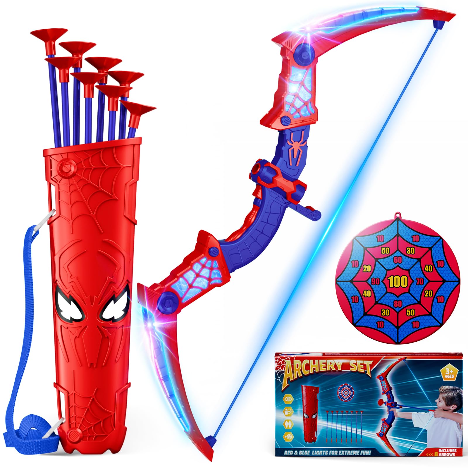 Spielzeug ab 3-12 Jahre Junge, Spider Spielzeug mit Rot & Blau LED Lichtern, Spider Köcher & Netz-Zielscheibe, Geschenk Junge 3-12 Jahre Geschenkideen Kinderspielzeug Garten Outdoor Spiele für Kinder Angebot bei HelloDeals
