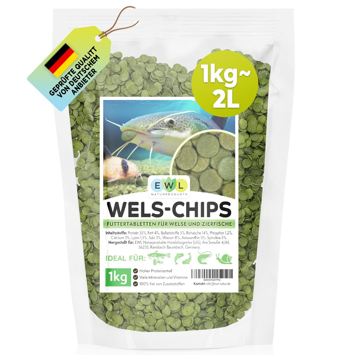 EWL Naturprodukte Wels Futtertabletten 1kg (ca. 2ltr.) XL Pack, Welsfutter, Wels Chips mit Spirulina, Fischfutter Aquarium, Welstabletten, geprüfte Qualität von deutschem Anbieter Wels Futtertabletten 2 l (1er Pack) Angebot bei HelloDeals