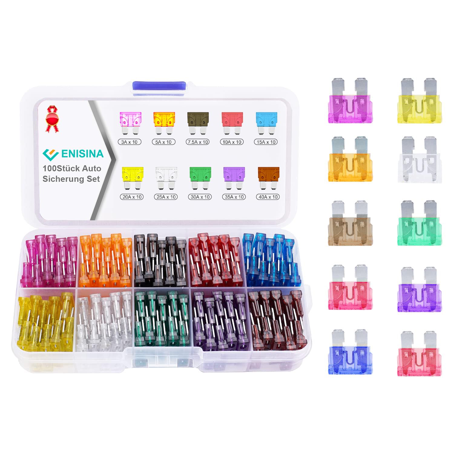 100Stück Standard Kfz Sicherungen Auto Sicherung set - 3A 5A 7.5A 10A 15A 20A 25A 30A 35A 40A Flachsicherungen set für PKW/Wohnmobil/LKW 100PCS-Standard Angebot bei HelloDeals