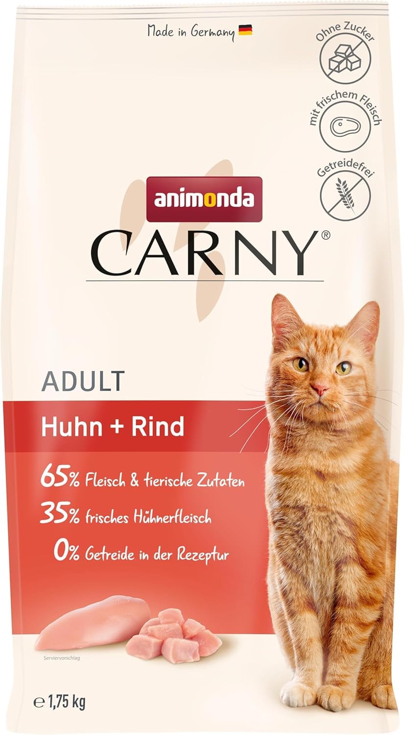 animonda Carny Katzen Trockenfutter Huhn und Rind (1 x 1,75 kg), Trockenfutter für ausgewachsene Katzen ohne Zucker und Getreide, mit frischem Hühnerfleisch und Rinderprotein Trocken Huhn + Rind Adult 1.75 kg (1er Pack) Angebot bei HelloDeals