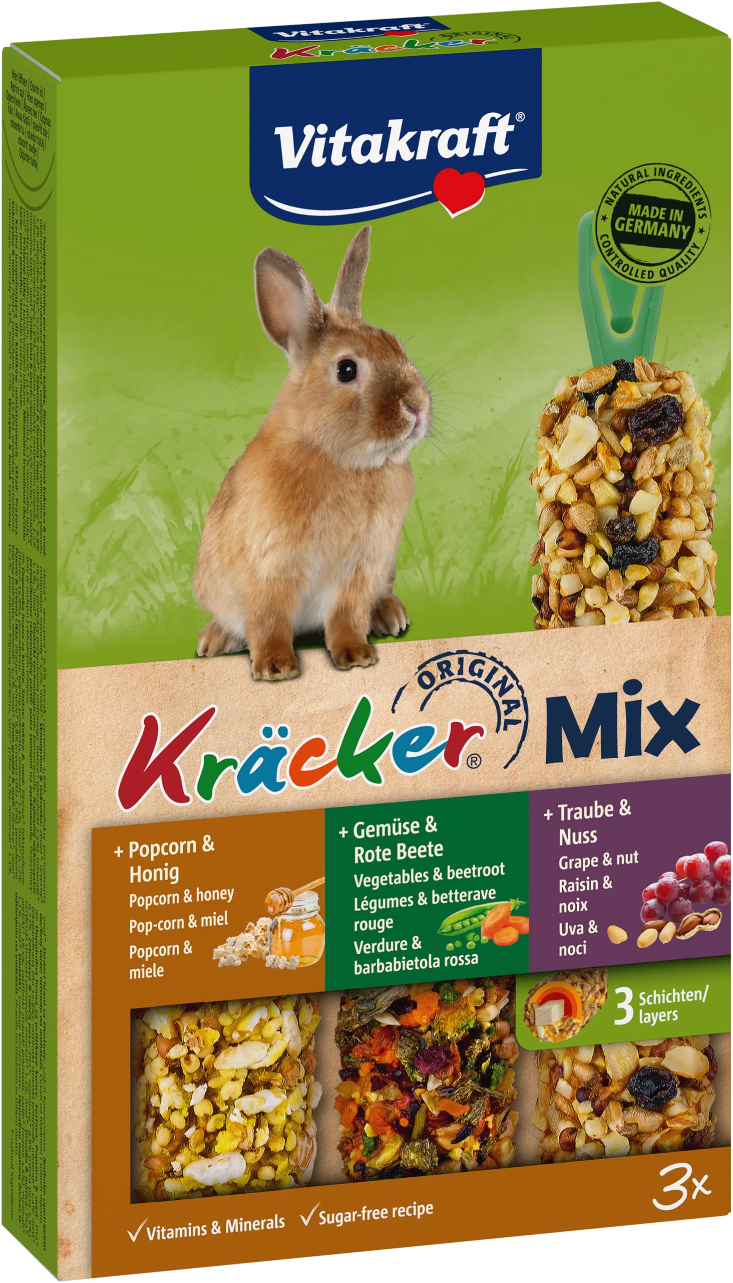 Vitakraft Kräcker Mix, Knabberstangen für Zwergkaninchen, mit Popcorn und Honig, mit Gemüse und Rote Beete, mit Traube und Nuss, ohne Zusatz von Zucker und Getreide (1x 160g) 160 g (1er Pack) Angebot bei HelloDeals