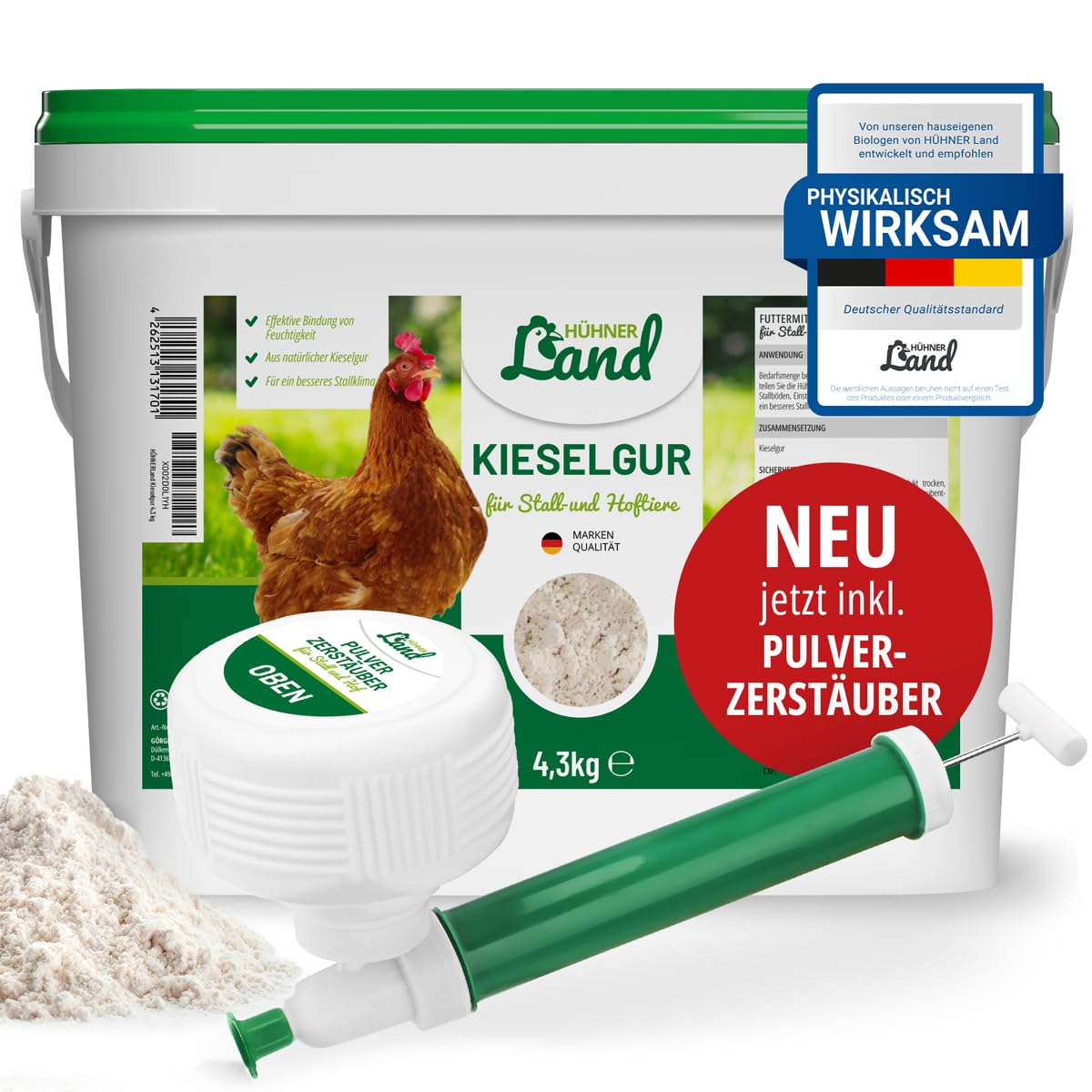 HÜHNER Land Kieselgur für Hühner 4,3kg INKLUSIVE Pulverzerstäuber - Reines Kieselgur Hühner Pulver, Kieselerde Pulver, Naturprodukt für Hühnerstall, Laborgeprüft für Geflügel Betriebe 4,3 kg Angebot bei HelloDeals