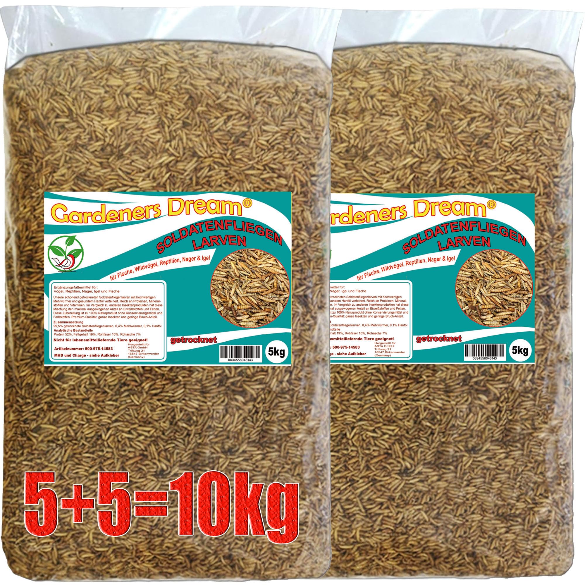 Gardeners Dream Soldatenfliegenlarven (Hermetia) getrocknet 5 + 5kg Packung, Black Soldier Fly, Protein- und fettreiches Wildvogelfutter, reich an Calcium und Laurinsäure Angebot bei HelloDeals