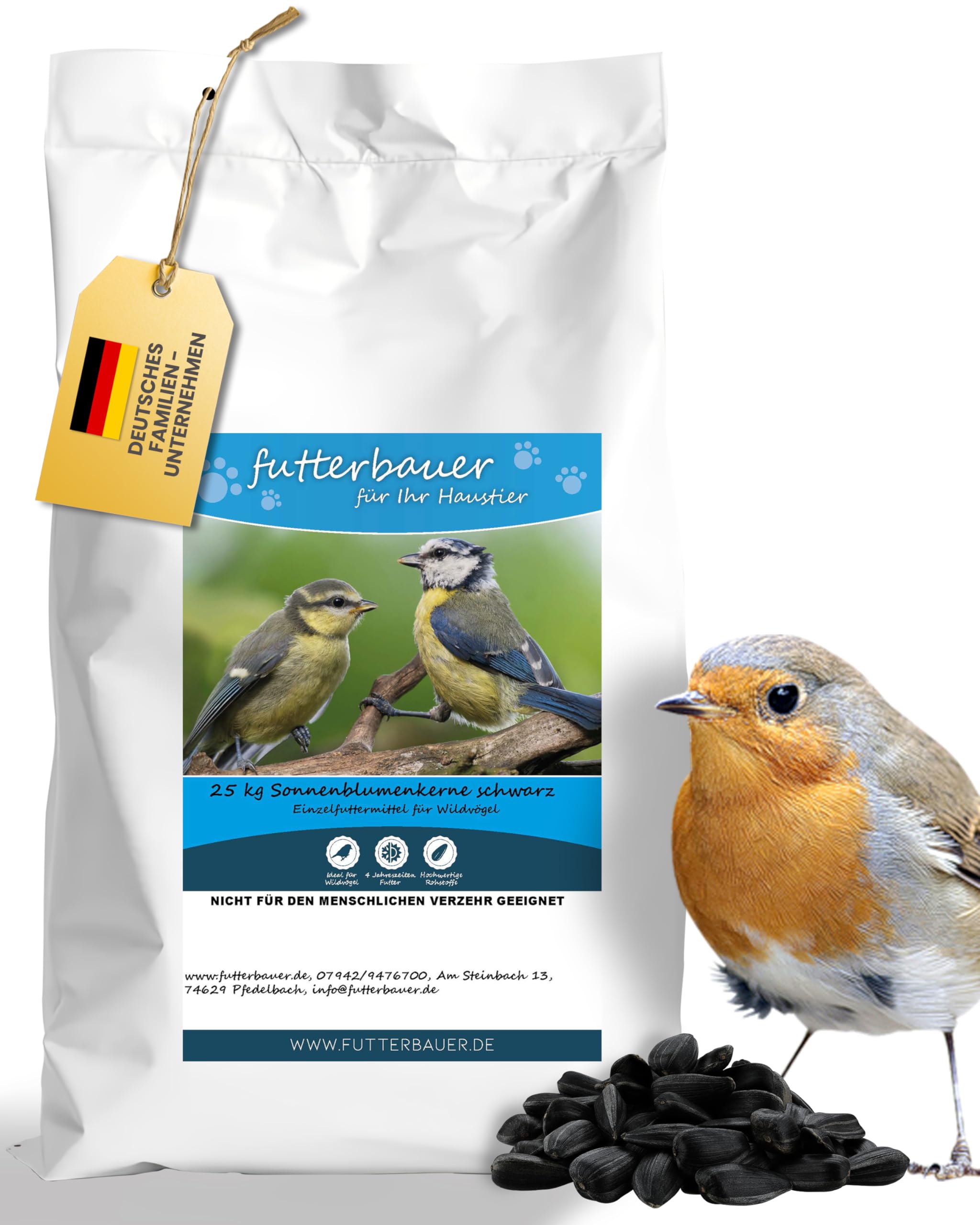 Futterbauer 25 kg Schwarze Sonnenblumenkerne im Papiersack für Vögel, 100% Natur, Hochwertige Energiequelle für Wildvögel, Hoher Fett- & Vitamin-E-Gehalt, Gereinigt & Getrocknet mit Schale, Ernte 2024 Angebot bei HelloDeals