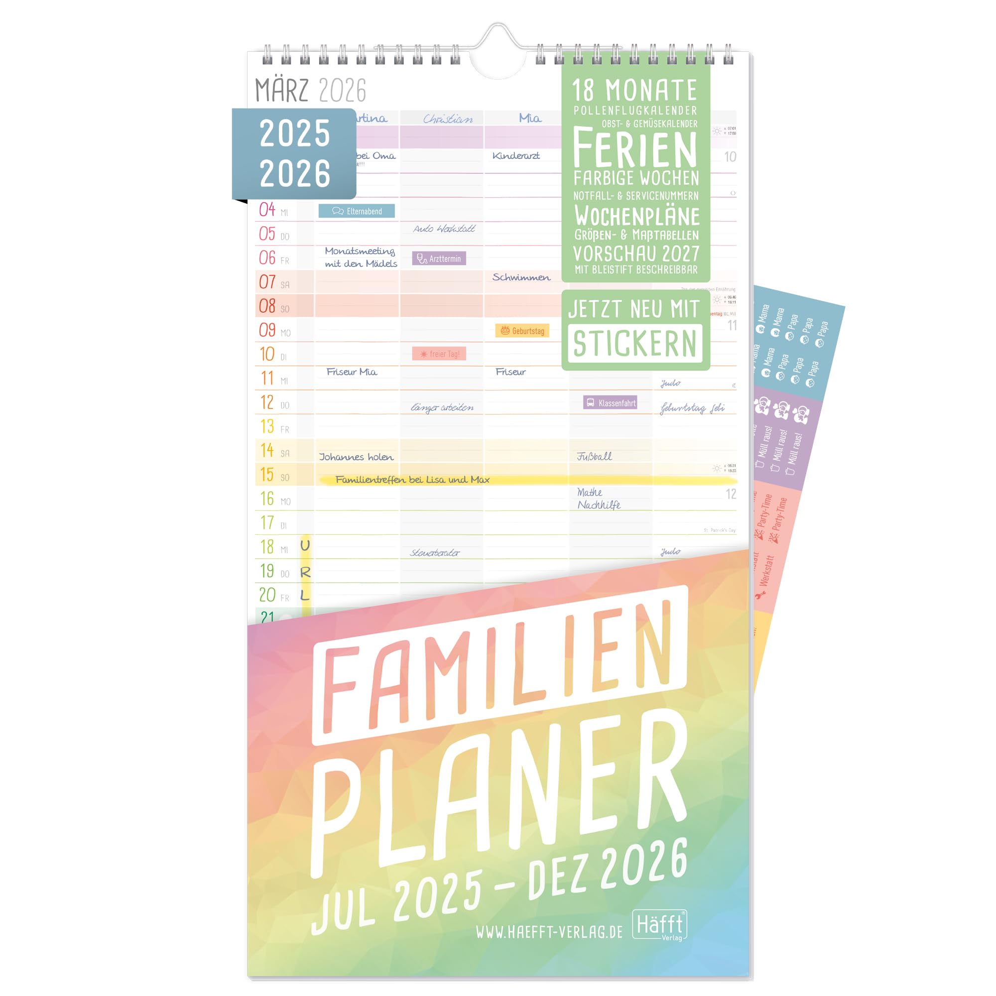 Häfft® Familienplaner 2025/2026 5 Spalten "Rainbow" Wandkalender für 18 Monate: Jul 25 bis Dez 26, Familienkalender Wandplaner - nachhaltig & klimafreundlich Angebot bei HelloDeals