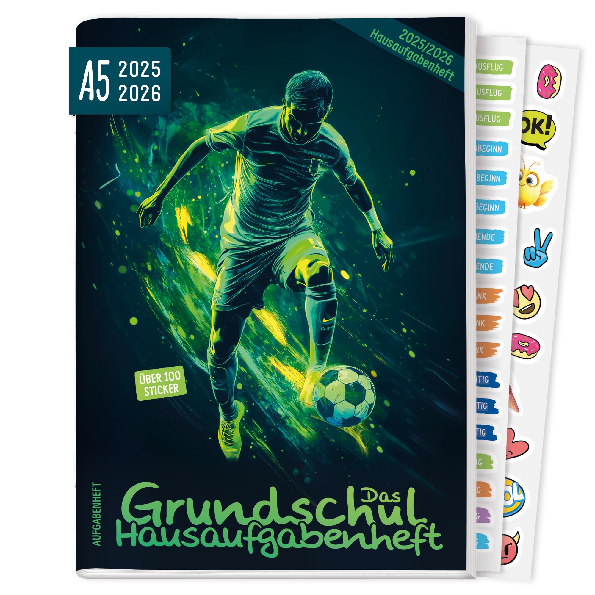 Häfft® Hausaufgabenheft Grundschule 2025/2026 A5 "Fußball" Das Grundschul-Hausaufgabenheft inkl. Lerntipps, Sticker, Denkspiele - nachhaltig & klimafreundlich Angebot bei HelloDeals
