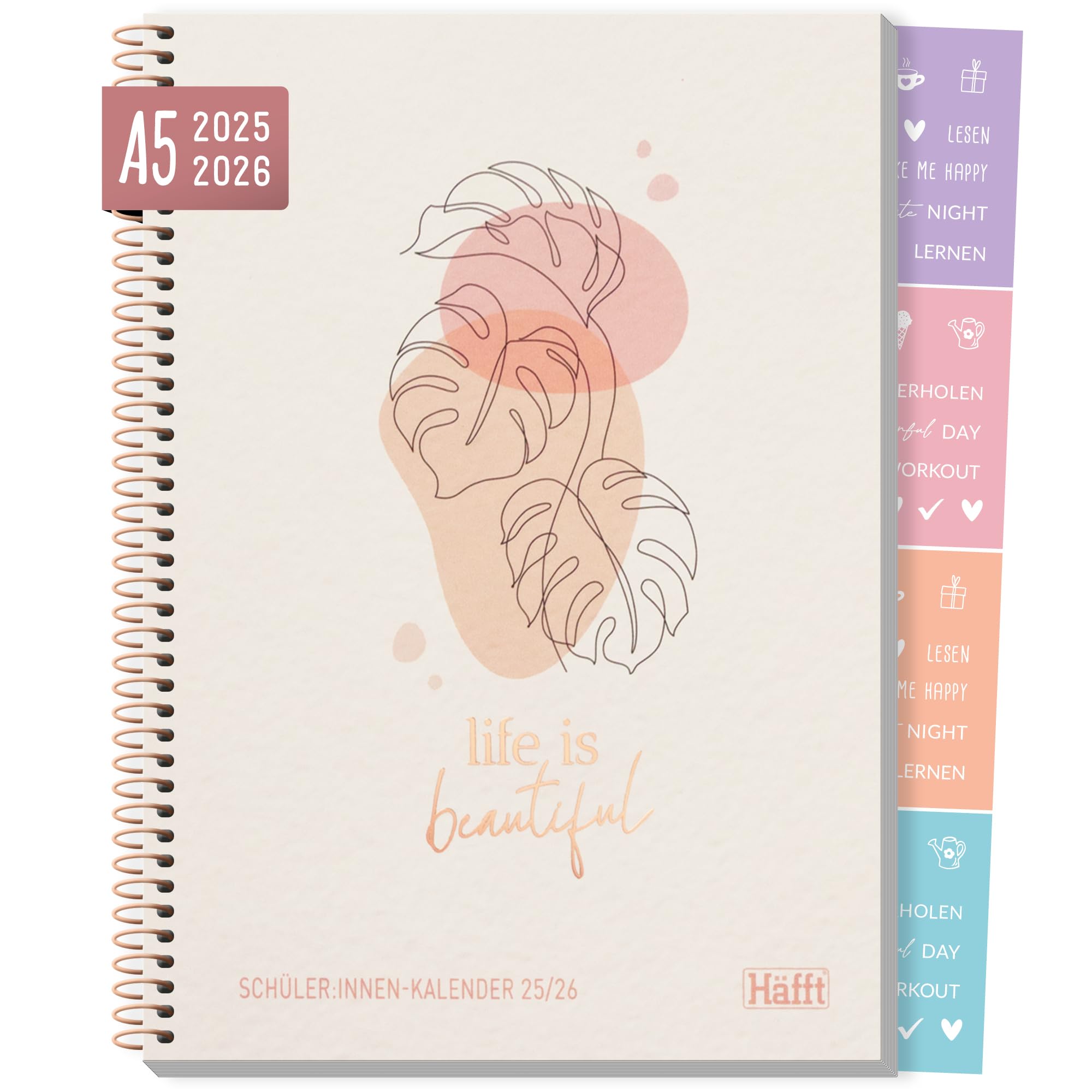 Häfft® College-Timer A5 2025/2026, Schülerplaner mit Sprüchen und Stickern "Life is beautiful" Schulplaner Hausaufgabenheft - nachhaltig & klimafreundlich Angebot bei HelloDeals