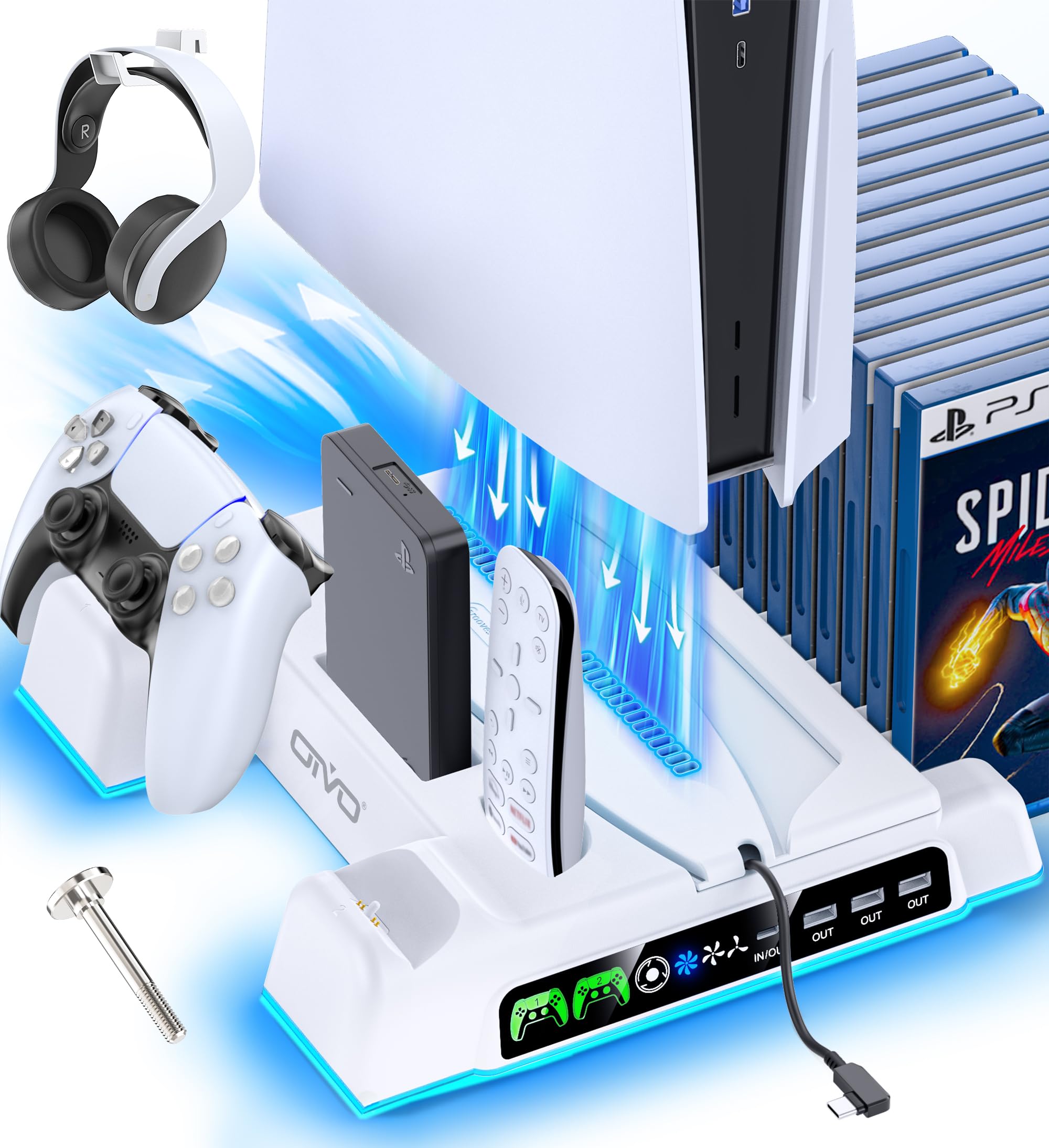 PS5/PS5 Slim/PS5 Pro Ständer mit 3 stufig Lüfter und Licht, PS5 Standfuß mit 4 USB Ports/Controller Ladestation/Headset Halter/Remote Steckplatz/14 Spiele Aufbewahrung für PS5 Zubehör Weiß Angebot bei HelloDeals