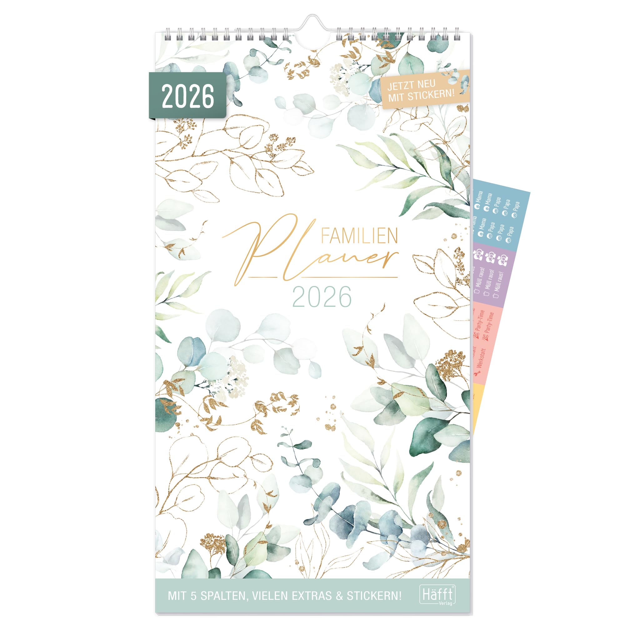 Häfft® Familienplaner 2026 mit 5 Spalten "Blattgold" 22,5 x 41,2 cm, Wandkalender 2026 mit Sticker, Familienkalender Wandplaner: Ferientermine & viele Zusatzinfos - nachhaltig & klimafreundlich Angebot bei HelloDeals