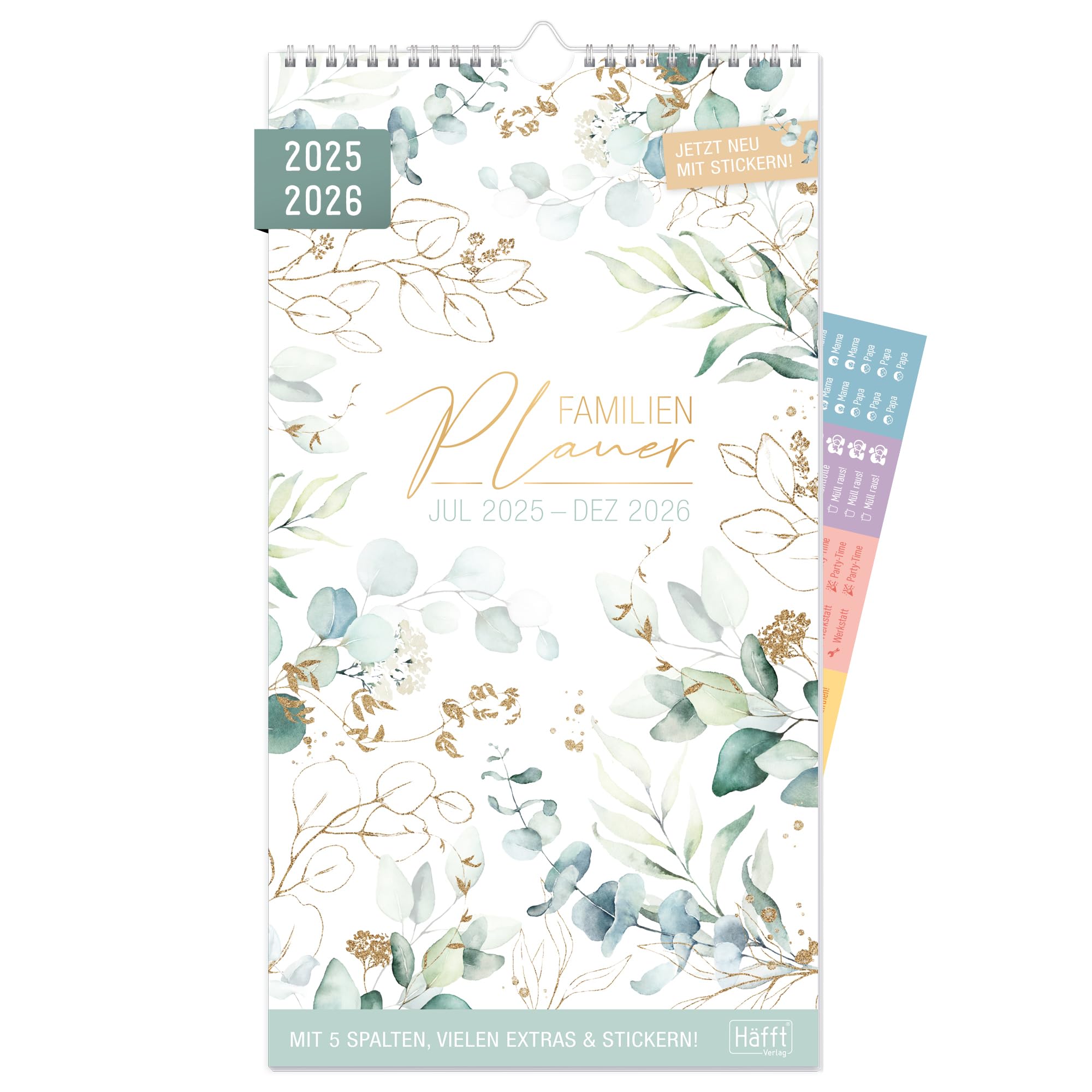 Häfft® Familienplaner 2025/2026 5 Spalten "Blattgold" Wandkalender für 18 Monate: Jul 25 bis Dez 26, Familienkalender Wandplaner - nachhaltig & klimafreundlich Angebot bei HelloDeals