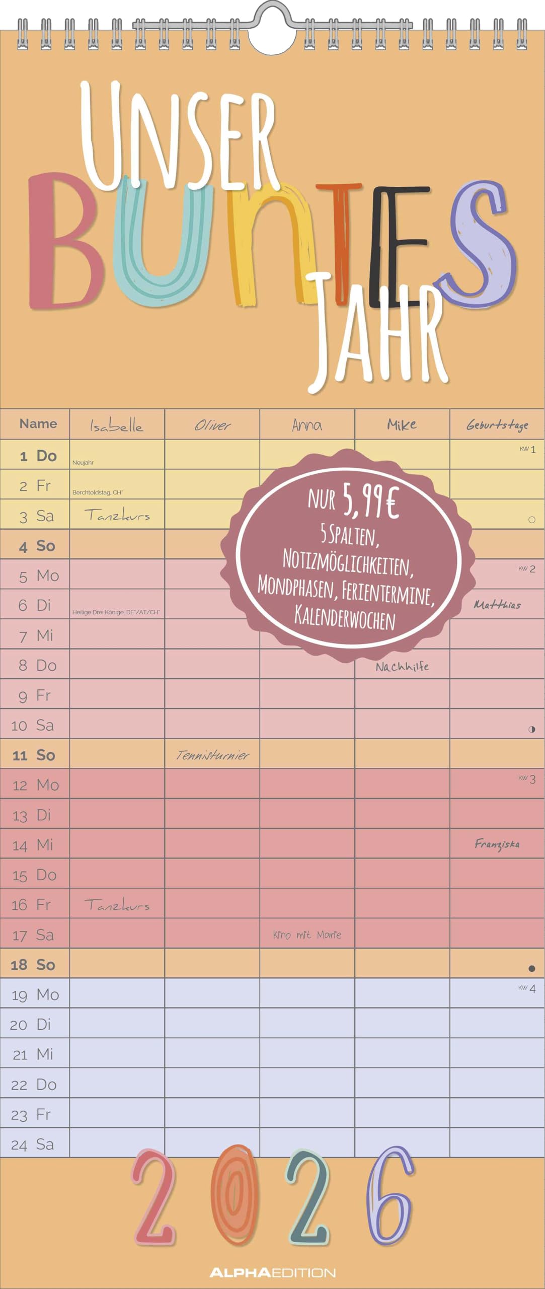 Unser buntes Jahr 2026 Familienplaner - Terminkalender - Familienkalender - 19,5x45 Angebot bei HelloDeals