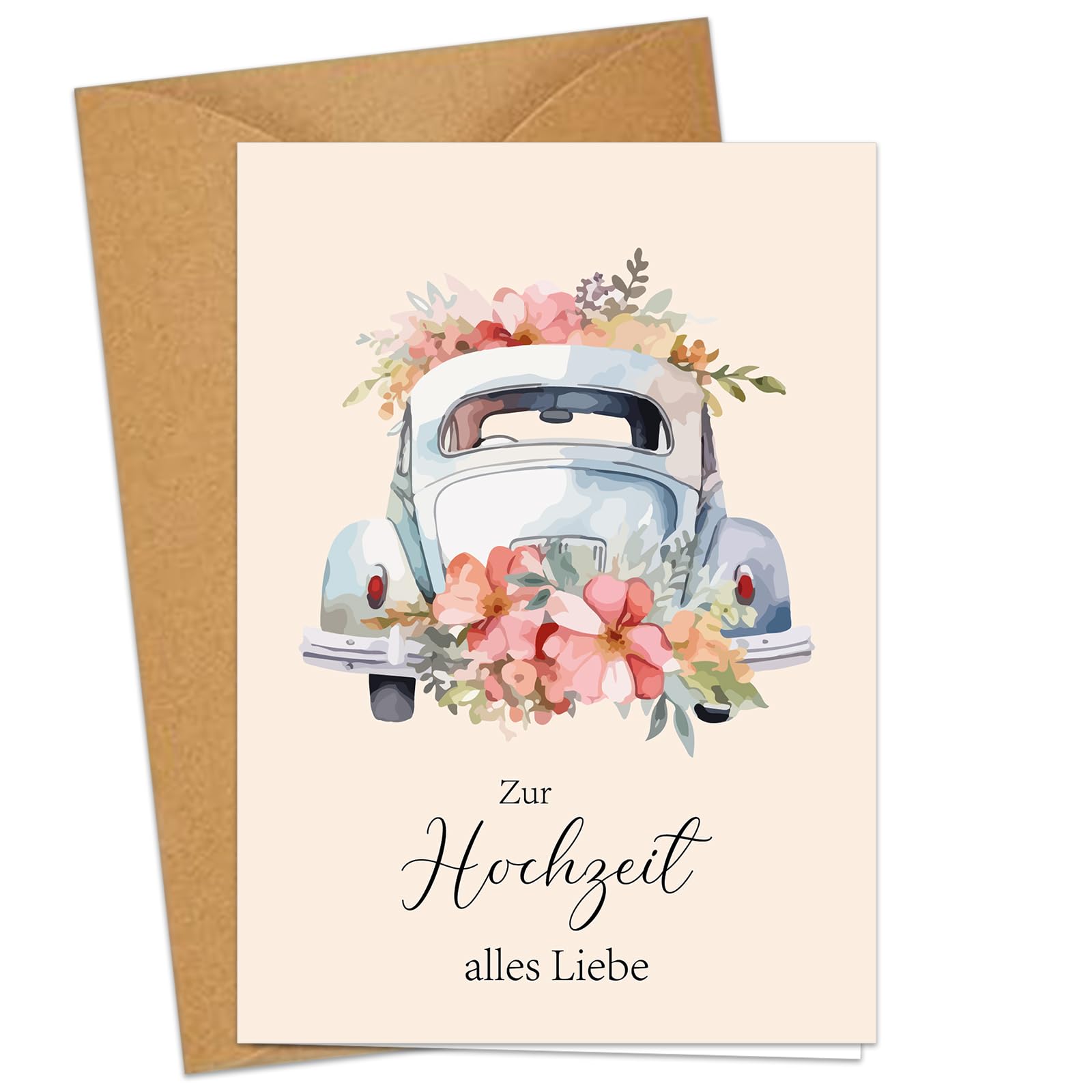 Hochzeitskarte mit Auto - A6 Klappkarten Aquarell Karte Hochzeit - Premium Glückwunschkarte zur Hochzeit mit Umschlag Angebot bei HelloDeals