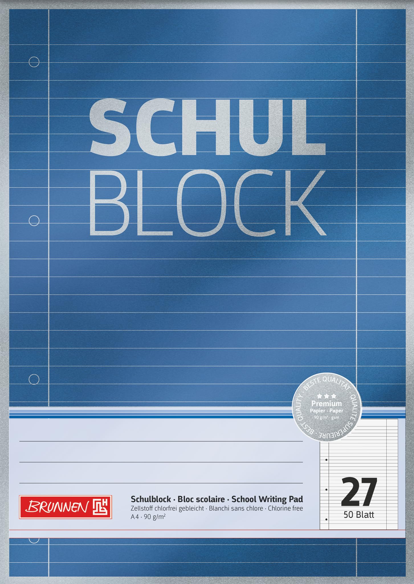 BRUNNEN Schulblock Premium | A4, Lineatur 27, 50 Blatt, blau blau liniert mit Randlinien innen und außen (Lineatur 27) Single Angebot bei HelloDeals