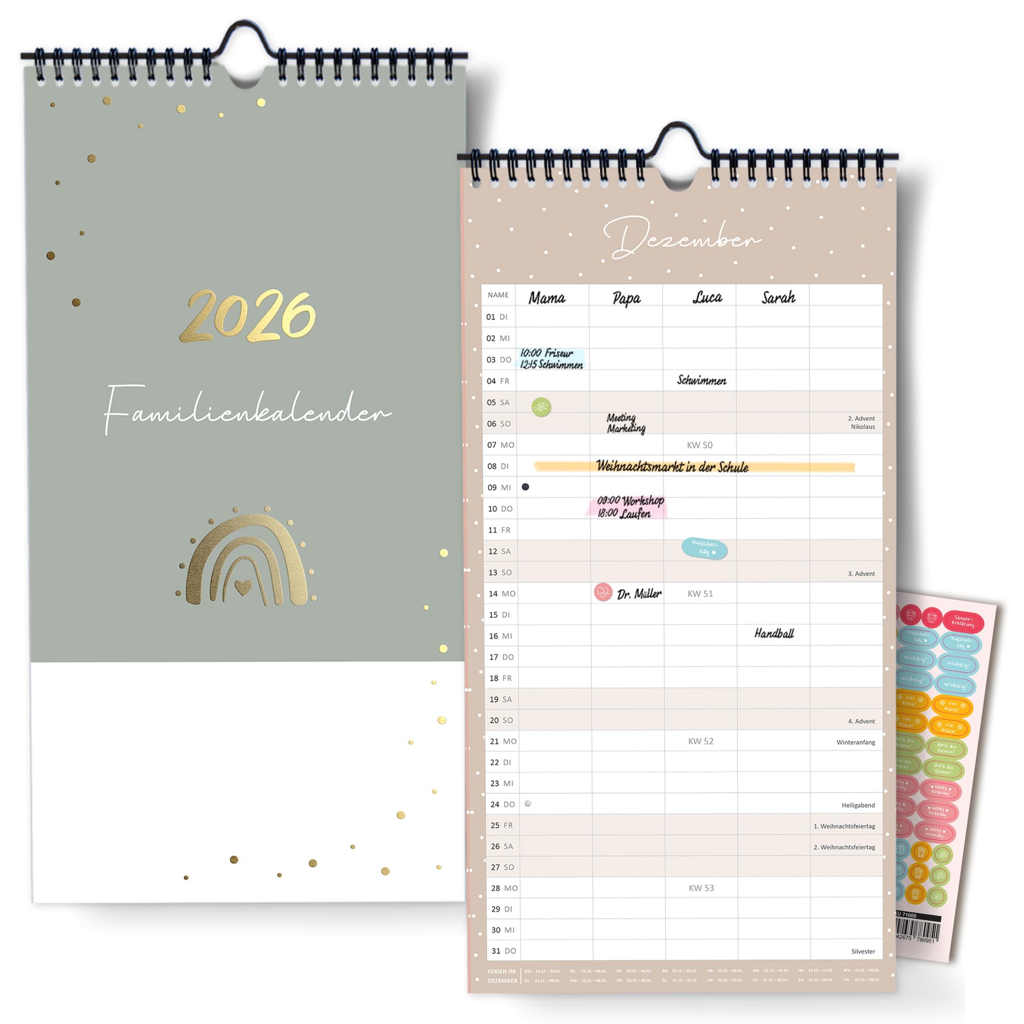 Familienplaner 2026 mit 5 Spalten als Wandkalender in Grau [Blattgold] I OKT 25 - DEZ 26 I 22 x 43 cm I Familienkalender Wand I Monatskalender, mit Ferien- und Feiertagen, Stundenplänen uvm... 2026 Grün Angebot bei HelloDeals