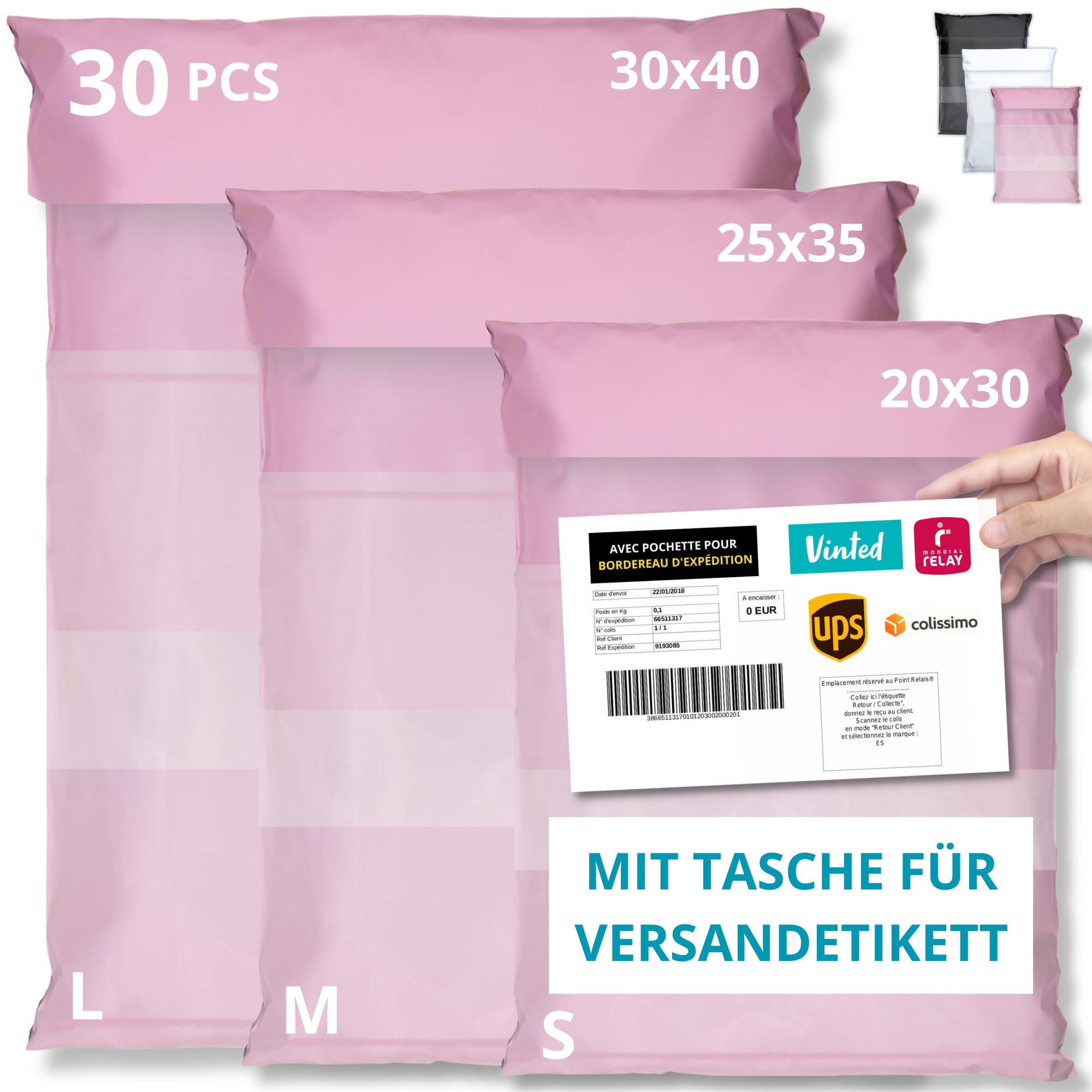 EMBALLAX - 30 Versandtaschen MIT TASCHE FÜR VERSANDETIKETT - 3 Größen S/M/L - WIDERSTANDSFÄHIG/WASSERDICHT - Versandtüten für Kleidung - Warensendung Umschlag für Kartons - Versandbeutel - Danke Rosa Größe S/M/L Angebot bei HelloDeals