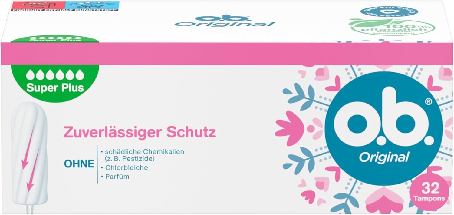 o.b. Tampons Original Super Plus 32 Stk., mit geschwungenen Rillen und 100 Prozent pflanzlich basierten Tamponkern für sehr starke Tage Angebot bei HelloDeals