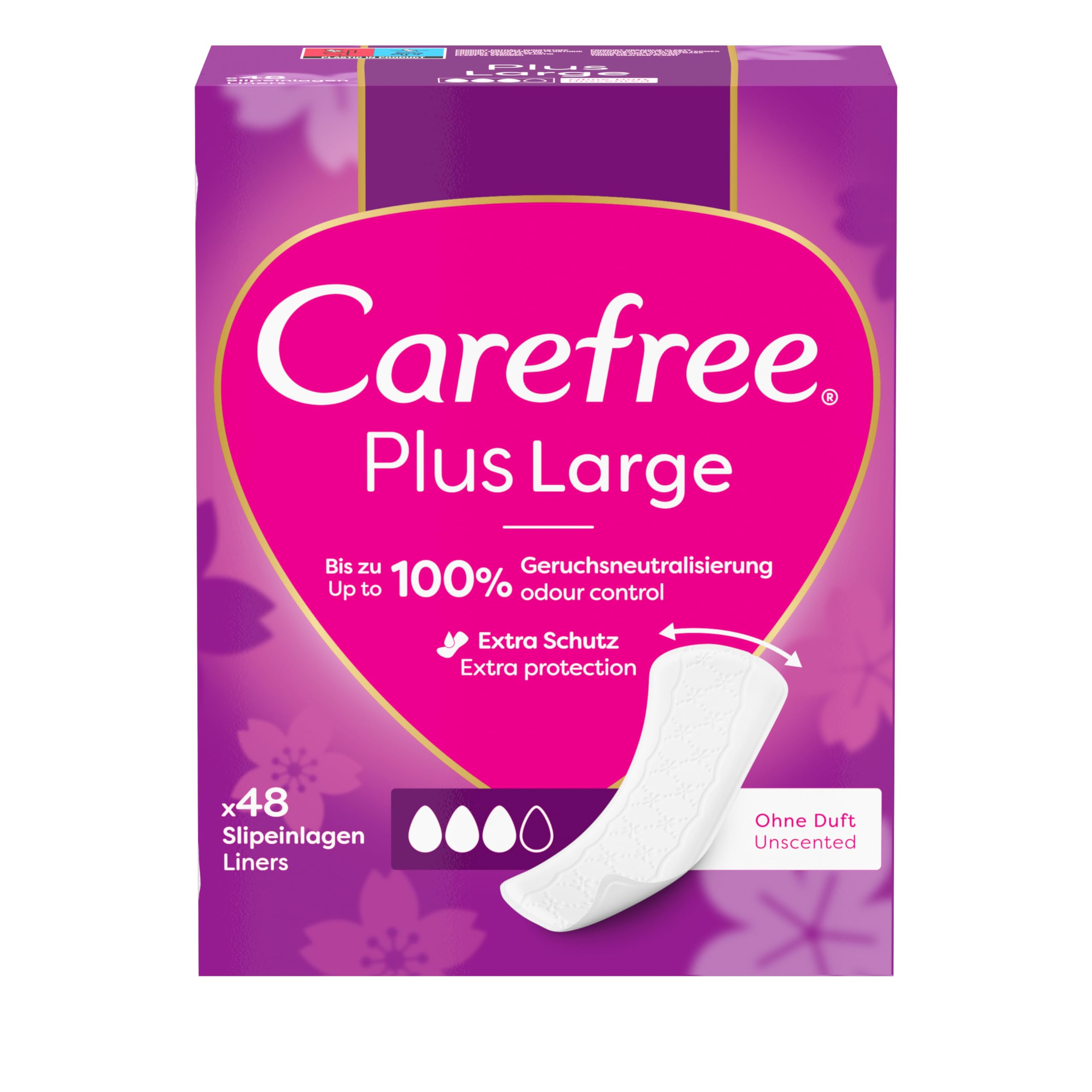 Carefree Slipeinlage Plus Large ohne Duft 48 Stk. super saugstarke Slipeinlagen um Flüssigkeiten sofort einzuschließen, bis zu 100Prozent Geruchsneutralisierung Slippeinlagen Angebot bei HelloDeals