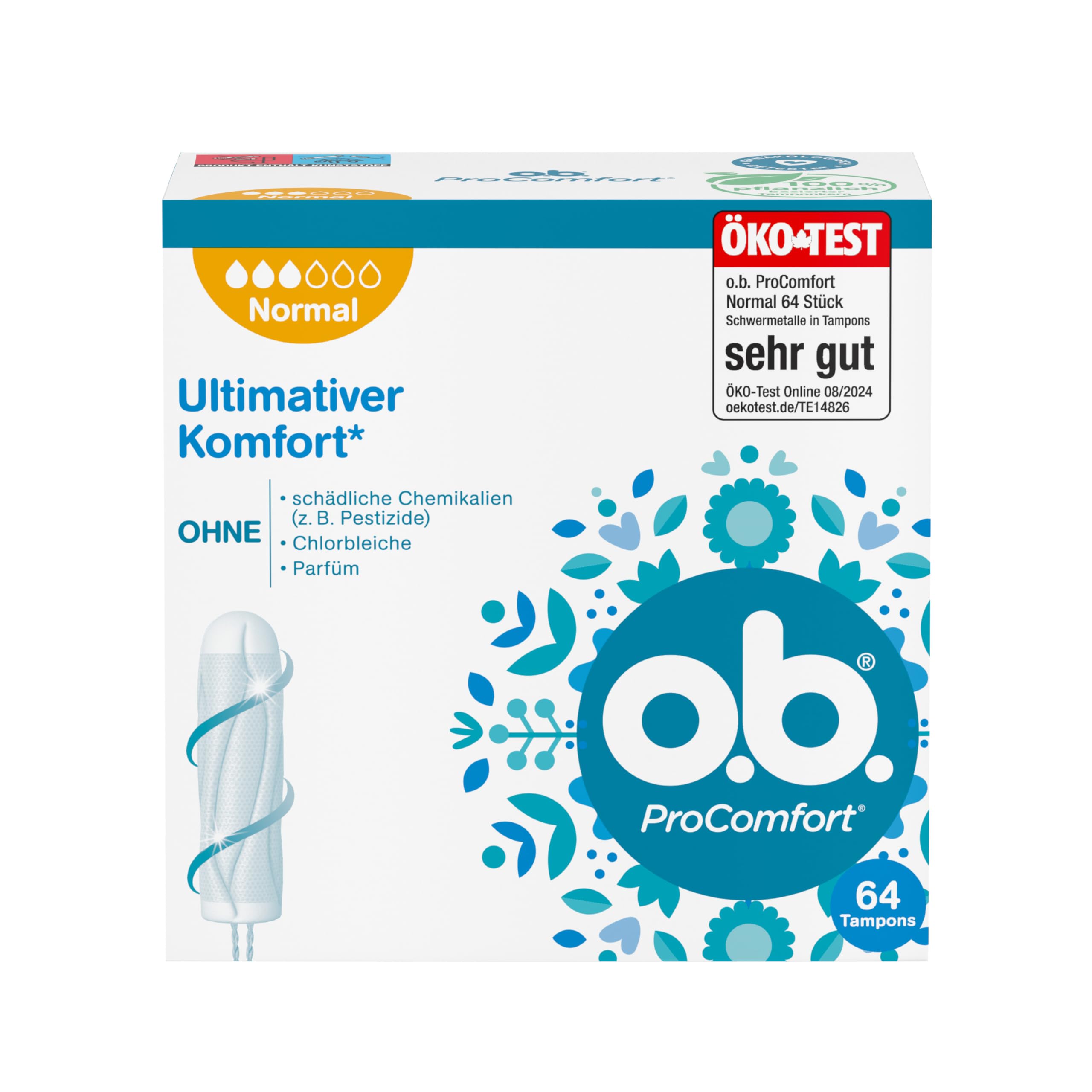 o.b. Tampon, ProComfort Normal, für mittlere bis stärkere Tage, von Öko-Test "sehr gut" bewertet**, ultimativer Komfort* und zuverlässiger Schutz, 64 Stück, "Verpackung kann abweichen" Angebot bei HelloDeals