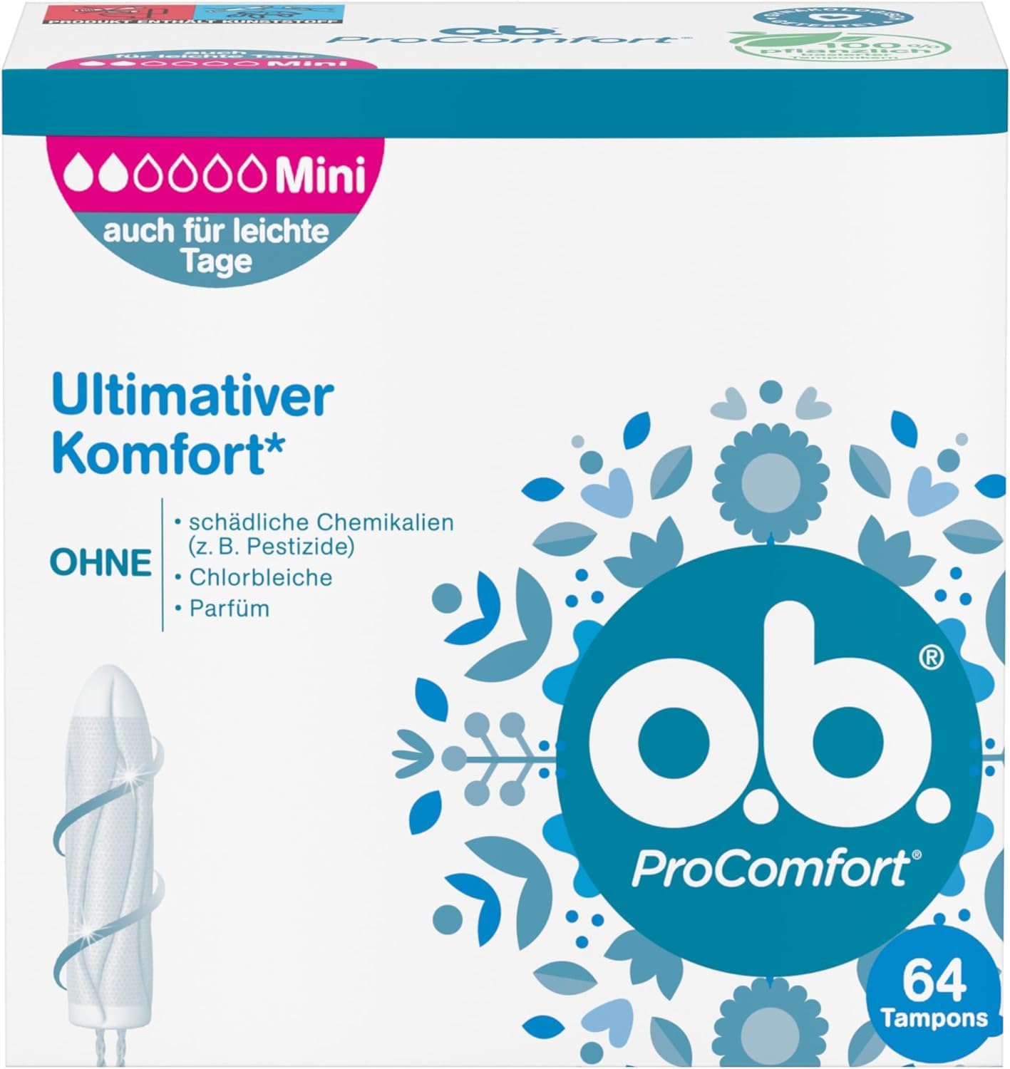 o.b. Tampons ProComfort Mini 64 Stk., für ultimativen Komfort mit SilkTouch Oberfläche und Dynamic Fit Technologie, 100 Prozent pflanzlich basierter Tamponkern parfümfrei 64 Stück Angebot bei HelloDeals