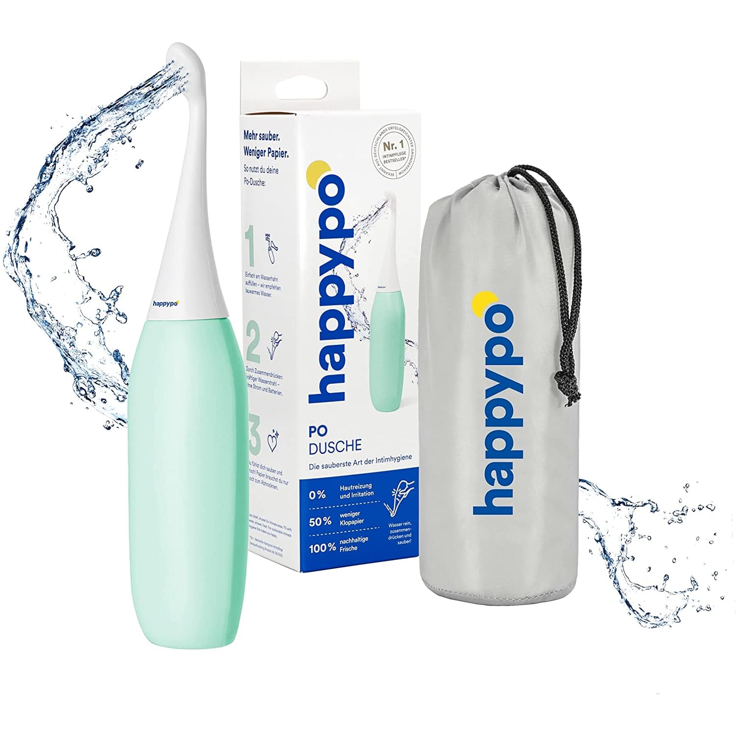 HappyPo Tragbar Po Dusche 300 ml - Tragbares Bidet für Männer und Frauen - Toilette Popodusche Ersetzt Feuchtes Toilettenpapier - Intimdusche für Schwangerschaft, Wochenbett und Reisen - Minze 300 ml (1er Pack) Minze Angebot bei HelloDeals