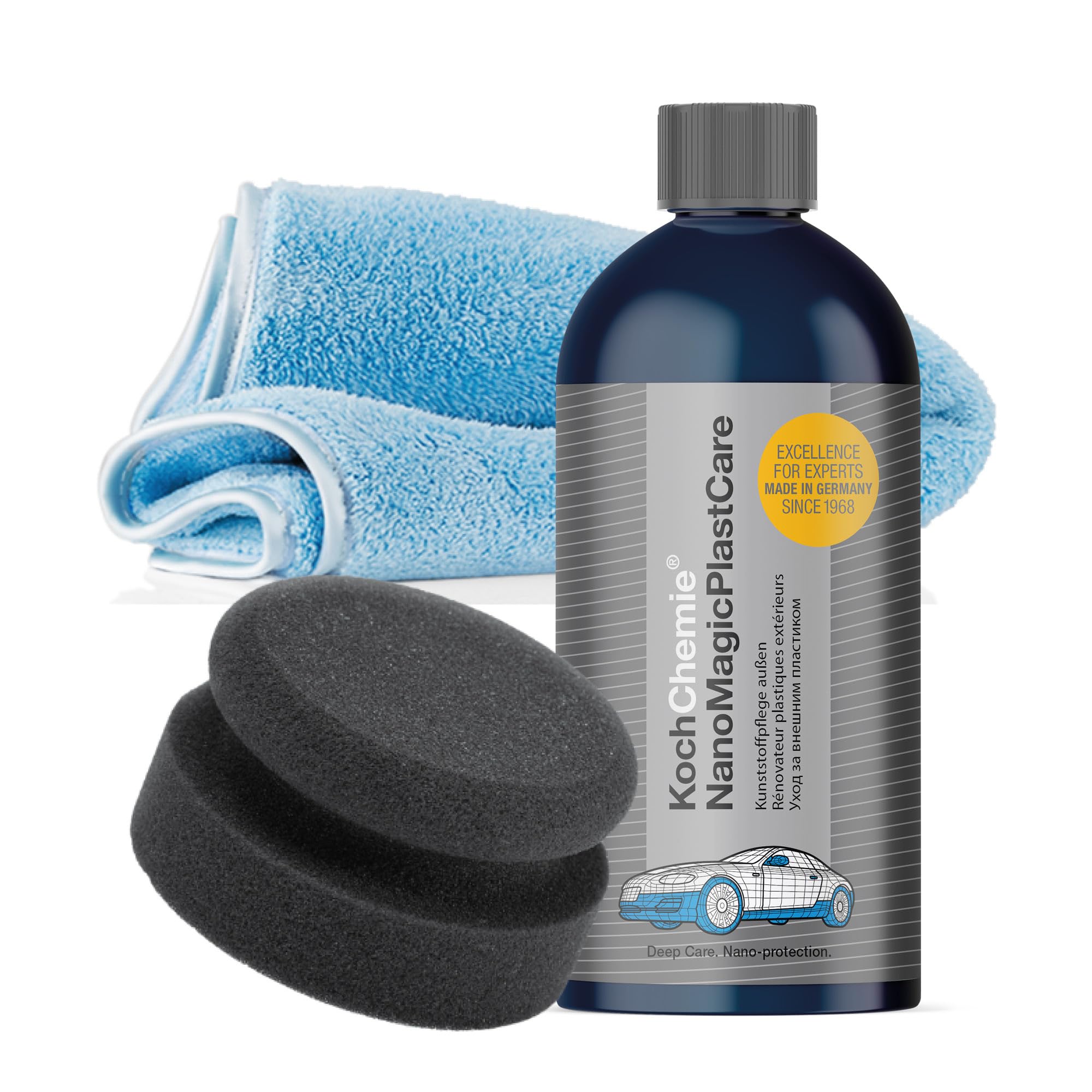 detailmate Koch Chemie Kunststoffpflege Set außen: NanoMagic Plastcare Kunststoffpflege 500ml + Handpolierschwamm Soft, feinzellig Ø 90/50mm + detailmate Mikrofasertuch 40x40cm, 550GSM Angebot bei HelloDeals