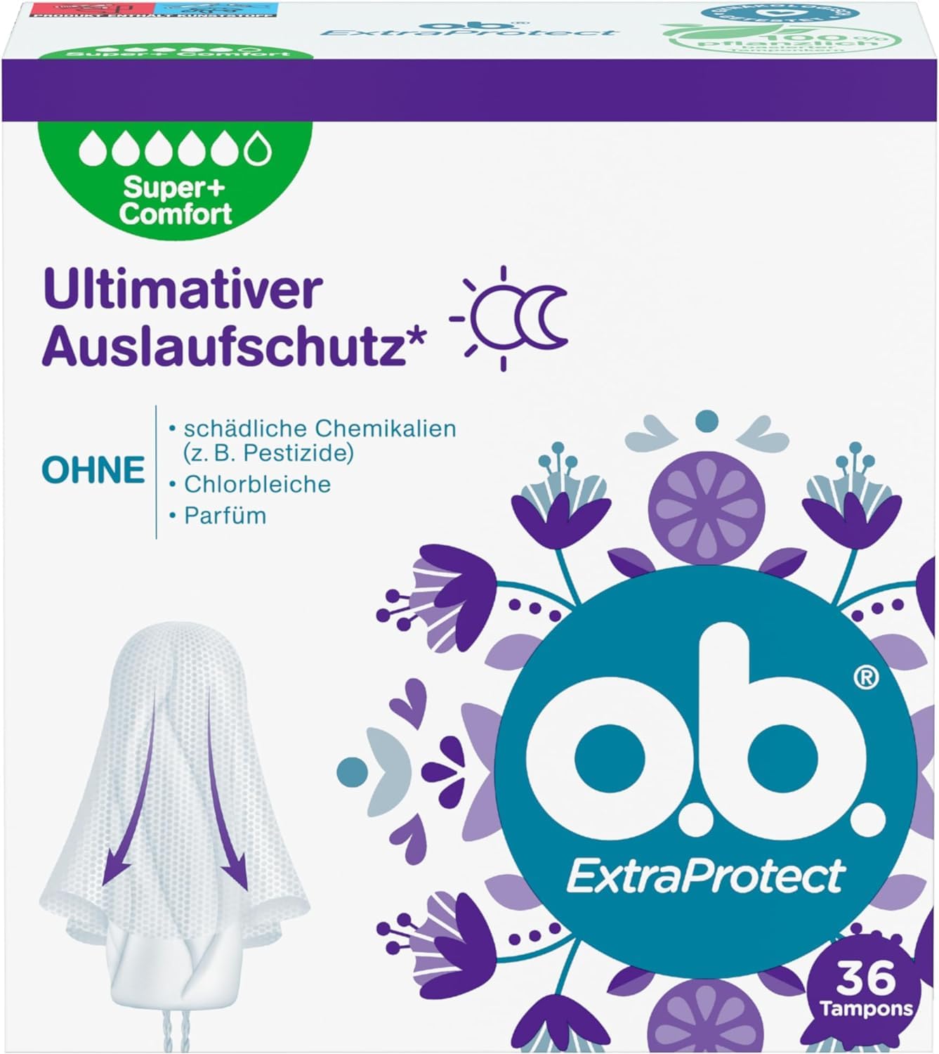 o.b. ExtraProtect Super + Comfort 36 Stück, Tampons für sehr starke Tage, Dynamic Fit Technologie und extra Schutzflügel für bis zu 100 Prozent Auslaufschutz während der Periode Angebot bei HelloDeals