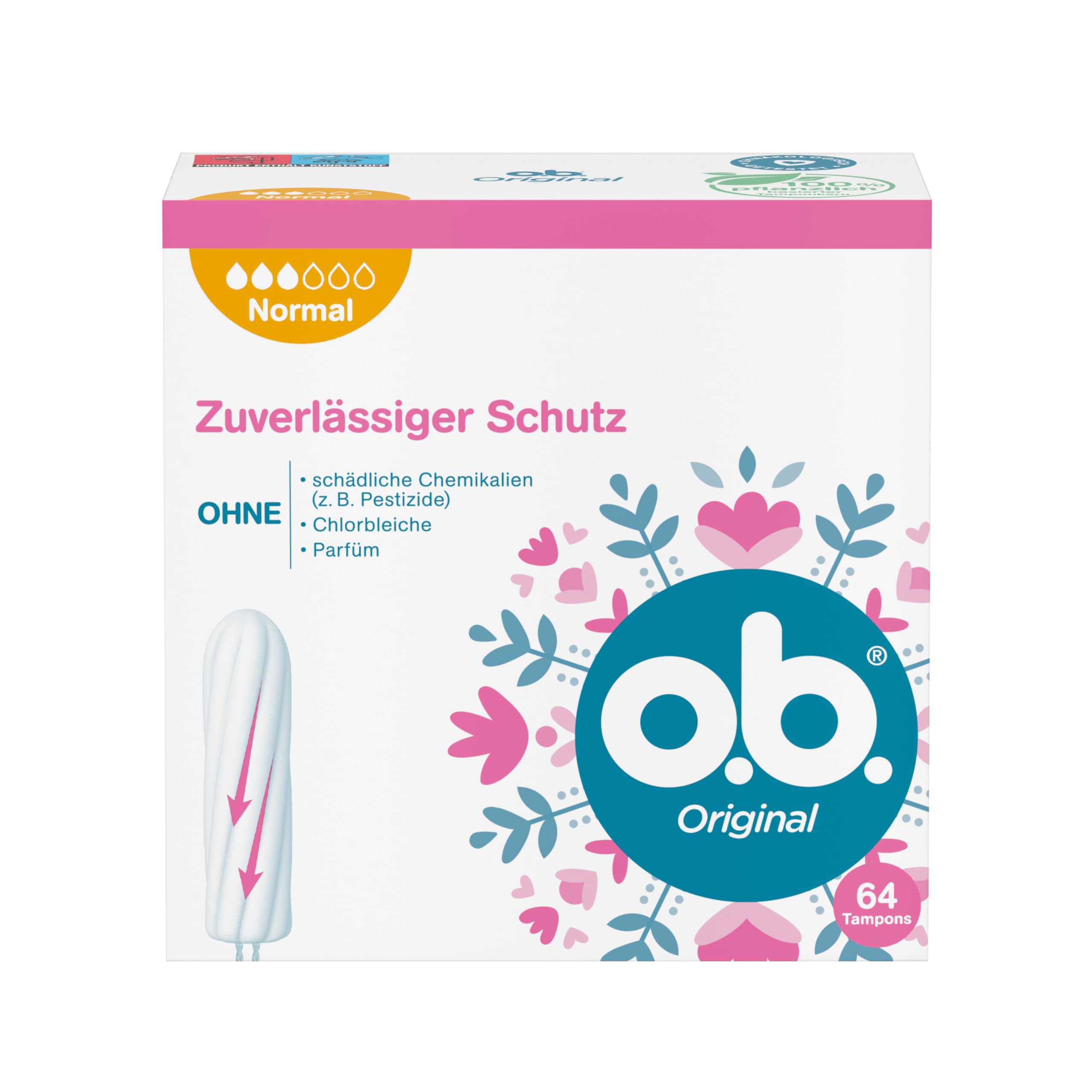 o.b. Original Normal, Tampons für mittlere/stärkere Tage, StayDry Technologie und geschwungene Rillen, zuverlässiger Schutz und sauberes Gefühl 64 ST 64 Stück Angebot bei HelloDeals