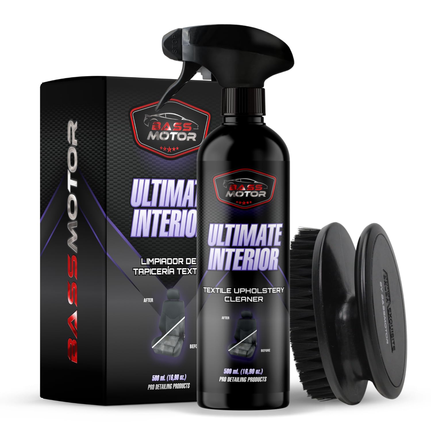 BassMotor Reiniger für Textilpolsterungen von Autositzen und Fußmatten, Innenraumreiniger für Autogewebe mit enthaltenem Bürsten-Set Einfache Anwendung Frischer Duft - Ultimate Interior 500ml + Bürste Angebot bei HelloDeals