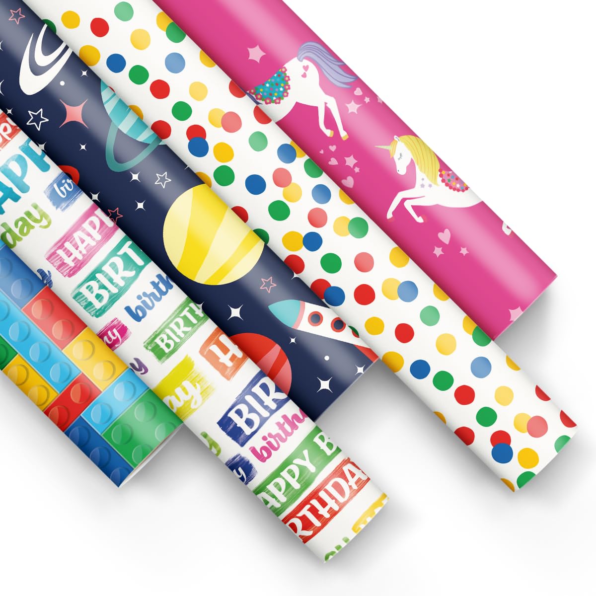 PAW - Geschenkpapier 200x70cm - 5 Rollen | Mix aus 5 Motiven | Fröhlich Papierrolle für Geburtstage, Hochzeiten, Babypartys, Partys und Geschenke - Farbenfrohe Muster Colorful Angebot bei HelloDeals