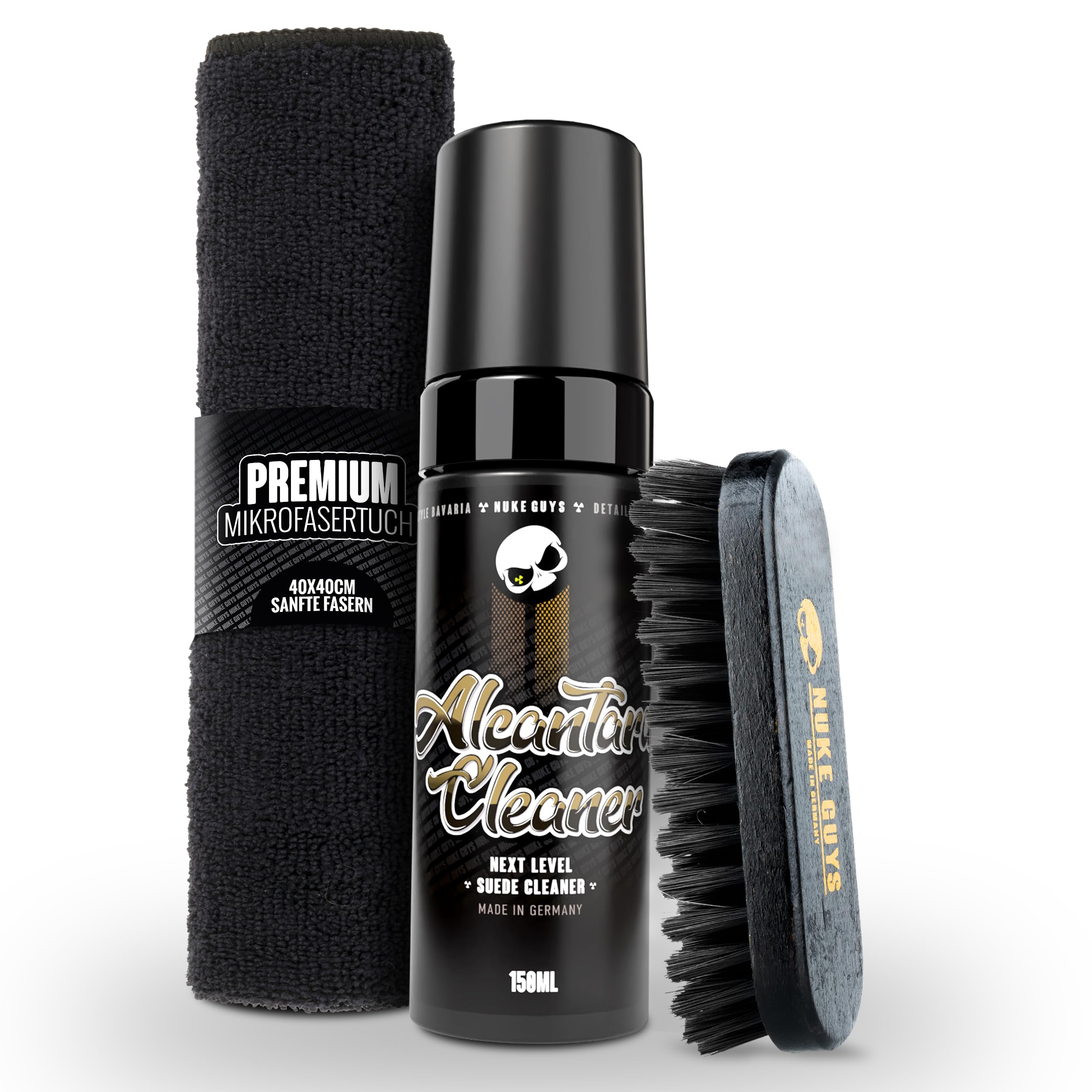 Nuke Guys AlcantaraReiniger Set | 150ml Reiniger geeignet für alle Alcantara Oberflächen + weiche Textilbürste + Mikrofasertuch | Porentiefe Reinigung & Pflege für Sofa Couch Sitze Lenkrad AlcantaraReiniger 150ml + Zubehör Angebot bei HelloDeals