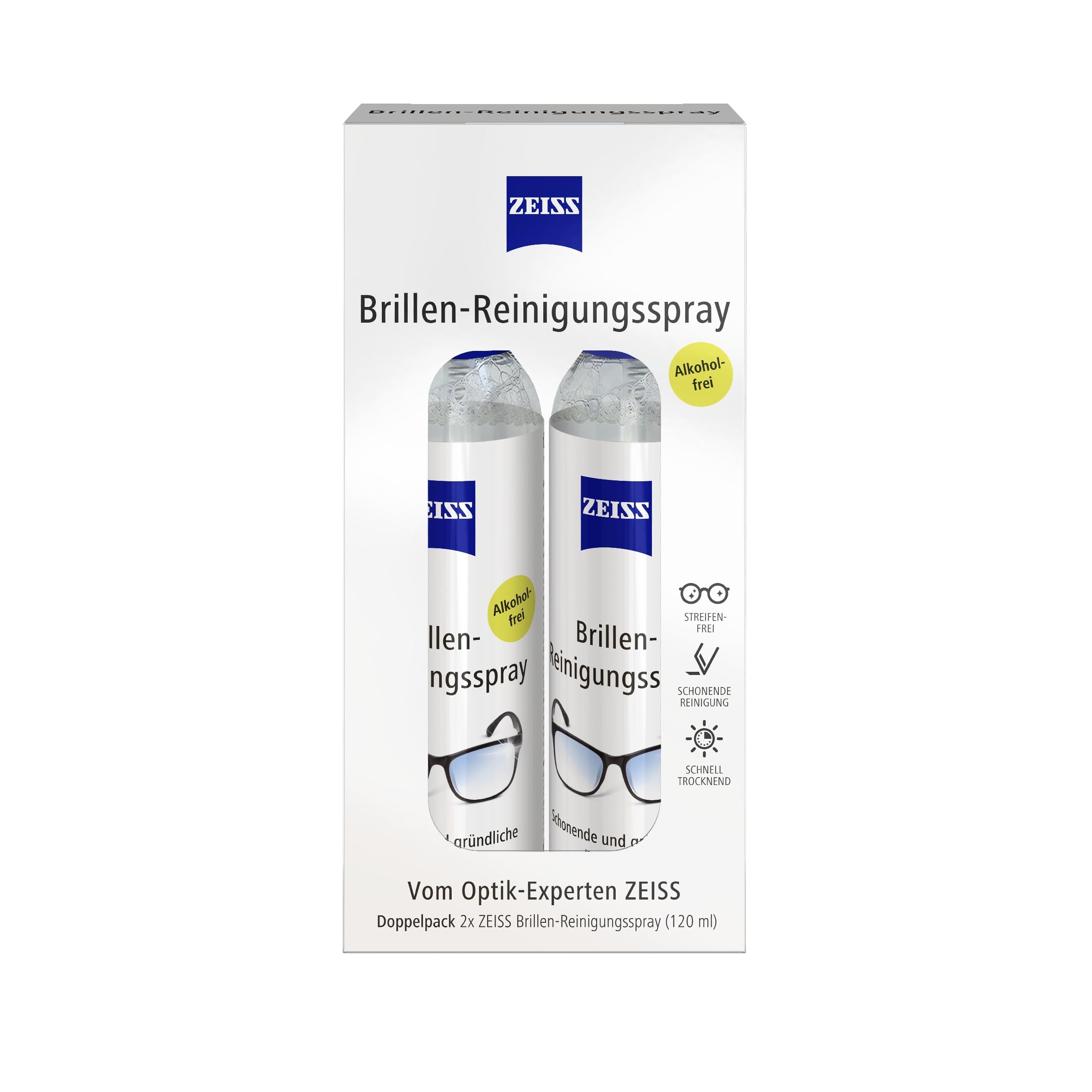 ZEISS Brillen-Reinigungs-Spray Doppelpack mit 2x 120ml Inhalt zur schonenden & gründlichen Reinigung Ihrer Brillengläser - alkoholfrei Angebot bei HelloDeals