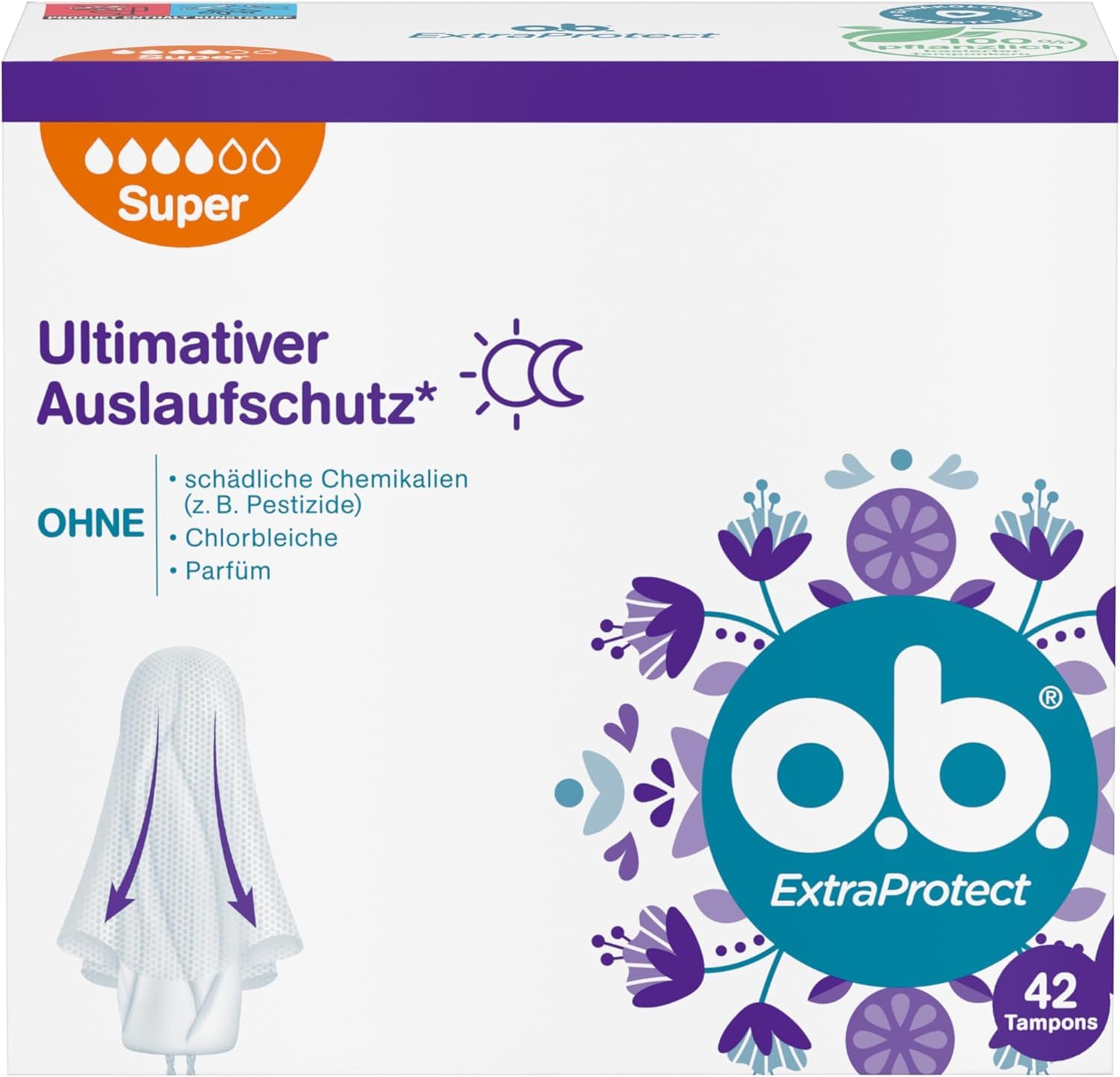 o.b. Tampons ExtraProtect Super 42 Stk., mit Dynamic Fit Technologie für bis zu 100Prozent Auslaufschutz bei starken Tagen 1x 42 Angebot bei HelloDeals