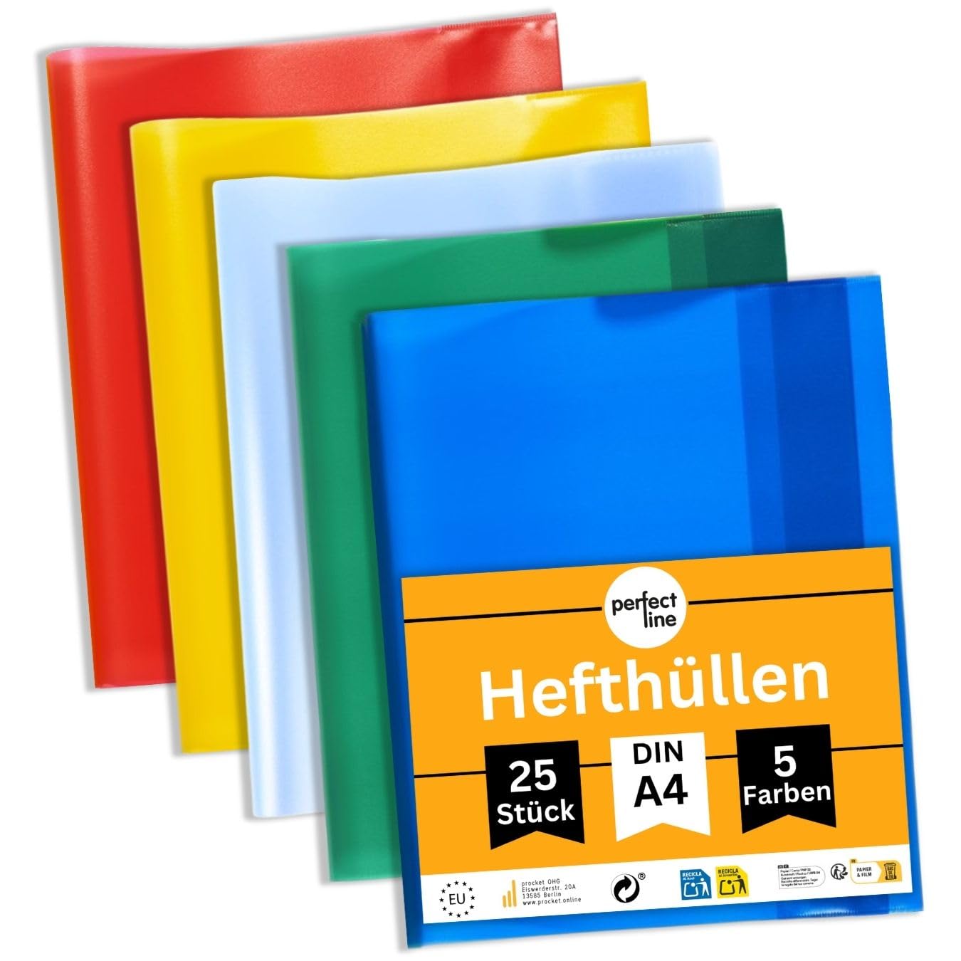 perfect line 25 Hefthüllen DIN-A4, 5 Farben, Heftumschlag transparent genarbt, Heftschoner aus recyclebarem PP, dokumentenecht 1 Set (25 Stk.) Angebot bei HelloDeals