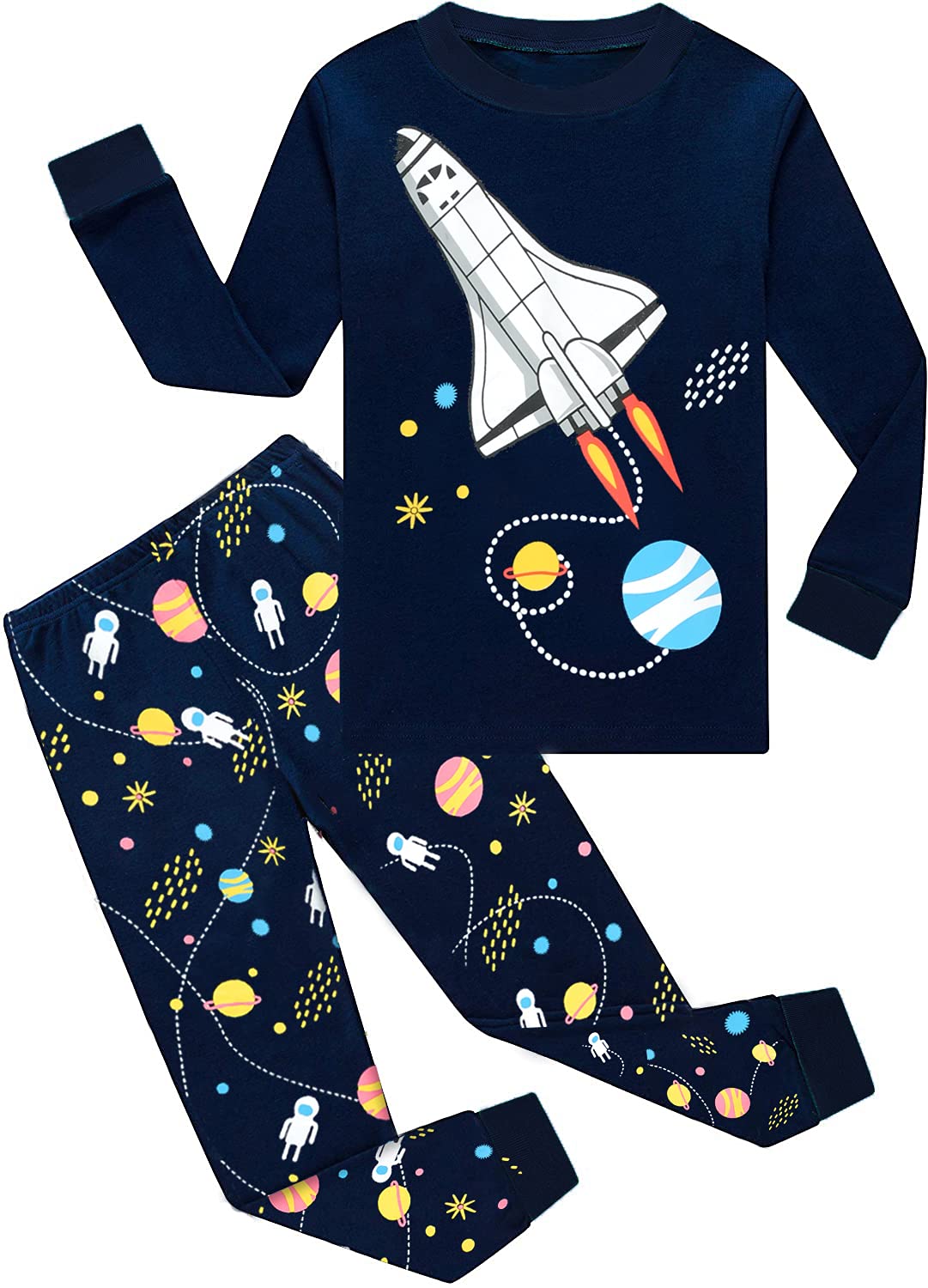EULLA Kinder Jungen Schlafanzug Langarm Baumwolle Winter Pyjama Set Dinosaurier Bagger Traktor Weltraum Planeten Auto Zug Zweiteiliger Nachtwäsche 1-7 Jahre 92 98 104 110 116 122 Angebot bei HelloDeals